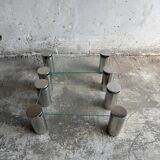 Paire de tables basses modernistes en verre transparent et acier inoxydable brossé, avec pieds cylindriques