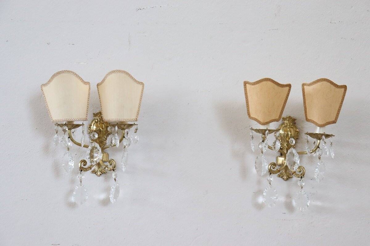 Sconces In Gilded Bronze And Crystal, 1980s, Set Of 2