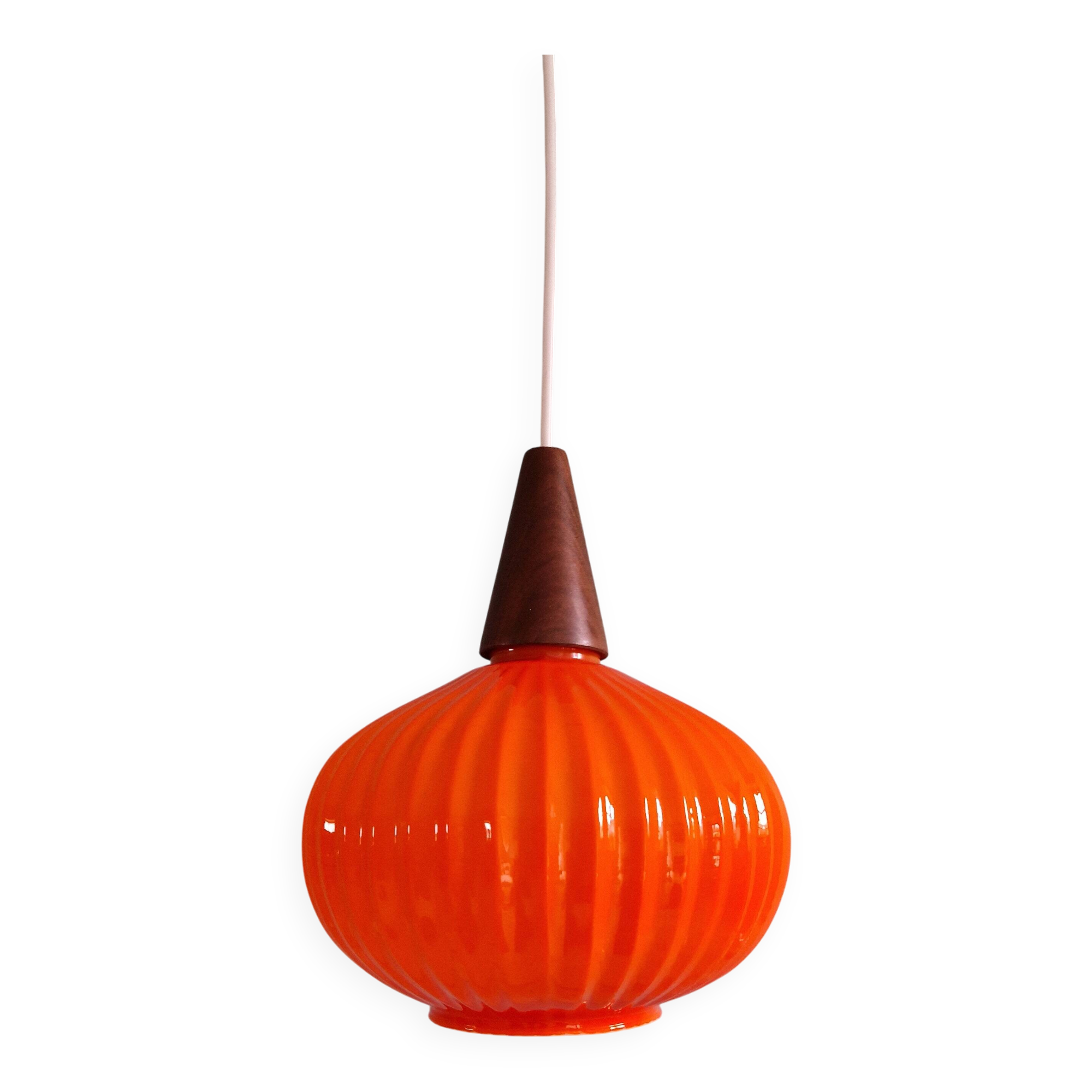 Teak and orange opaline suspension, Scandinavian style, 1960.