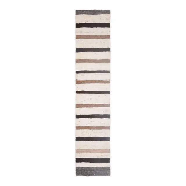 1970s Vintage Turkish Handmade Wool Cotton Beige Kilim Rug 73x345