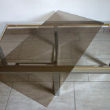 Table basse verre fumé métal chromé laiton 1970