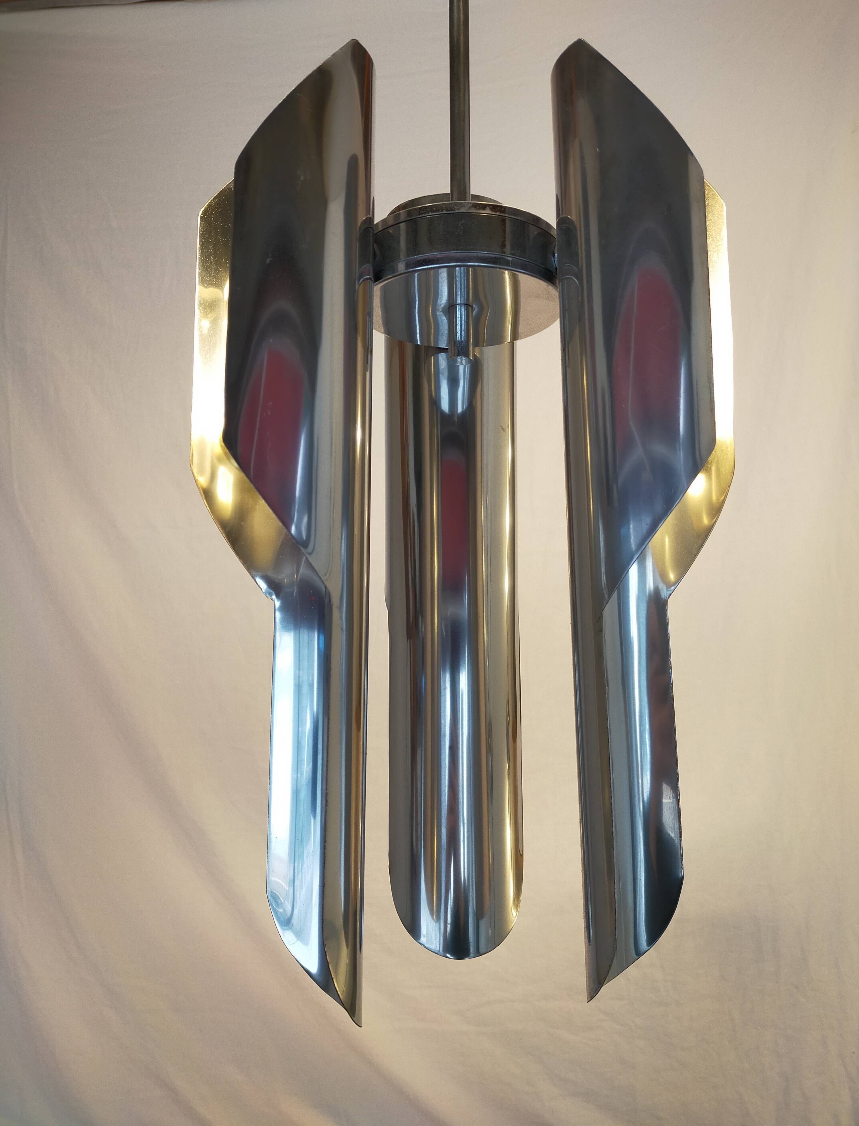Chrome metal pendant lamp from the 1970s