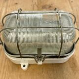 Industrial white porcelain cage wall light with ribbed glass, 1970s