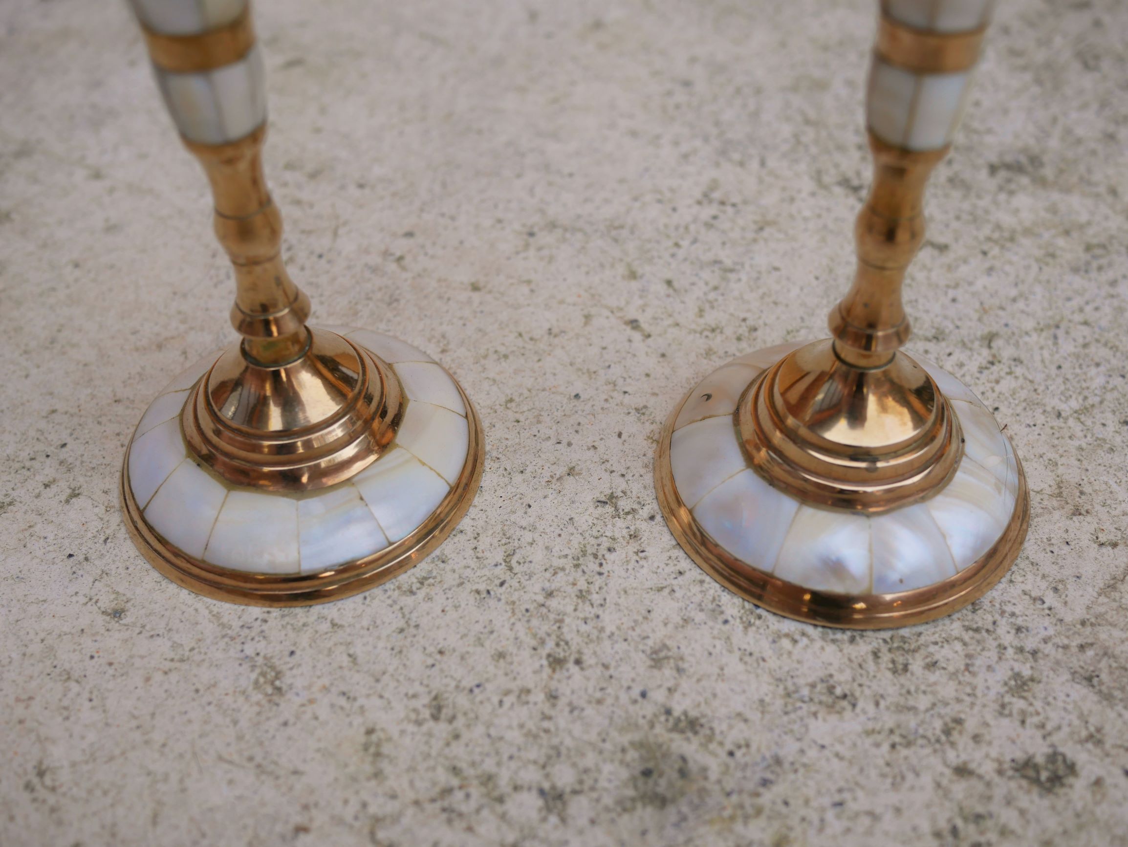 Pair of vintage brass and mother-of-pearl candlesticks