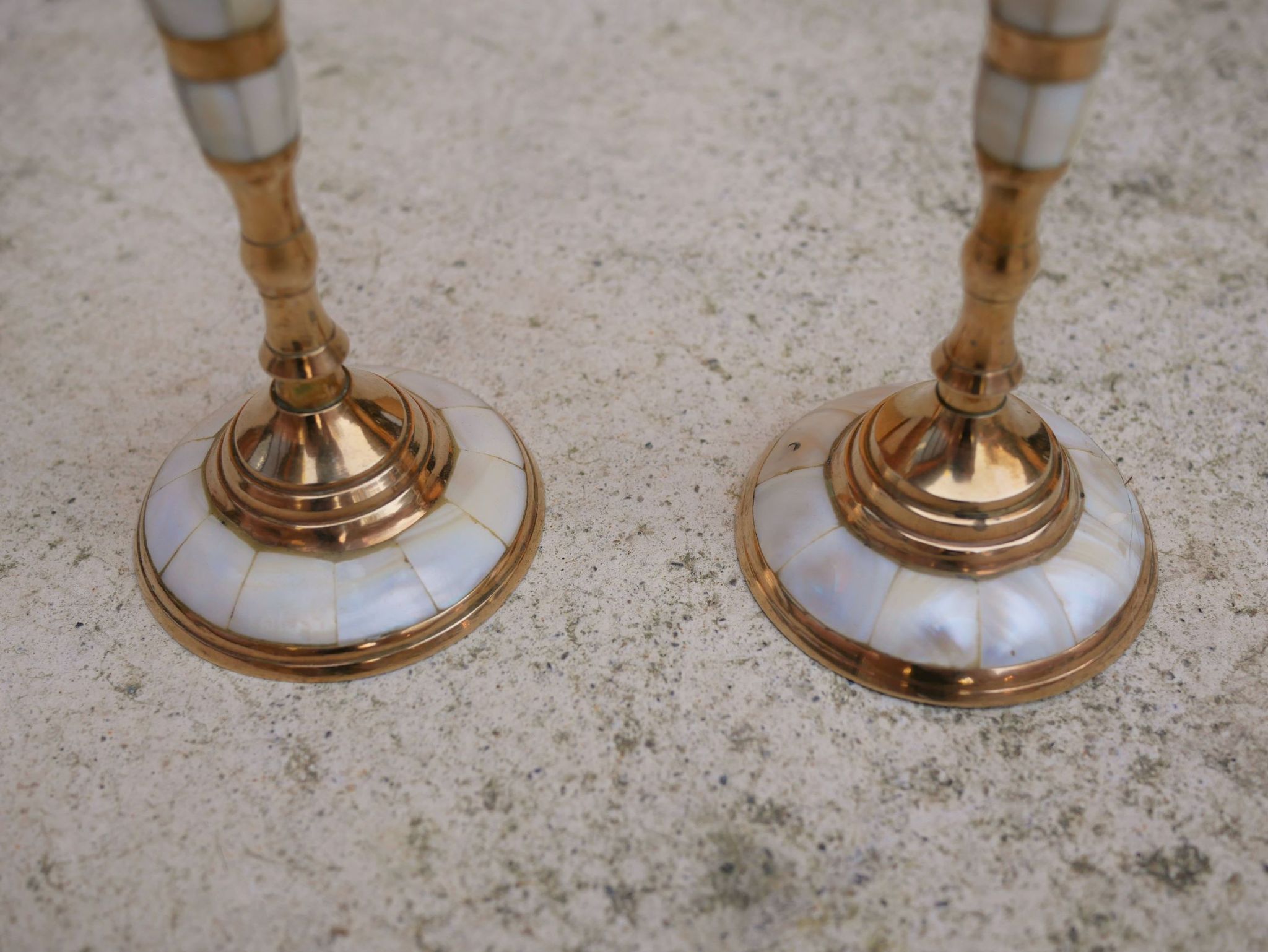 Pair of vintage brass and mother-of-pearl candlesticks