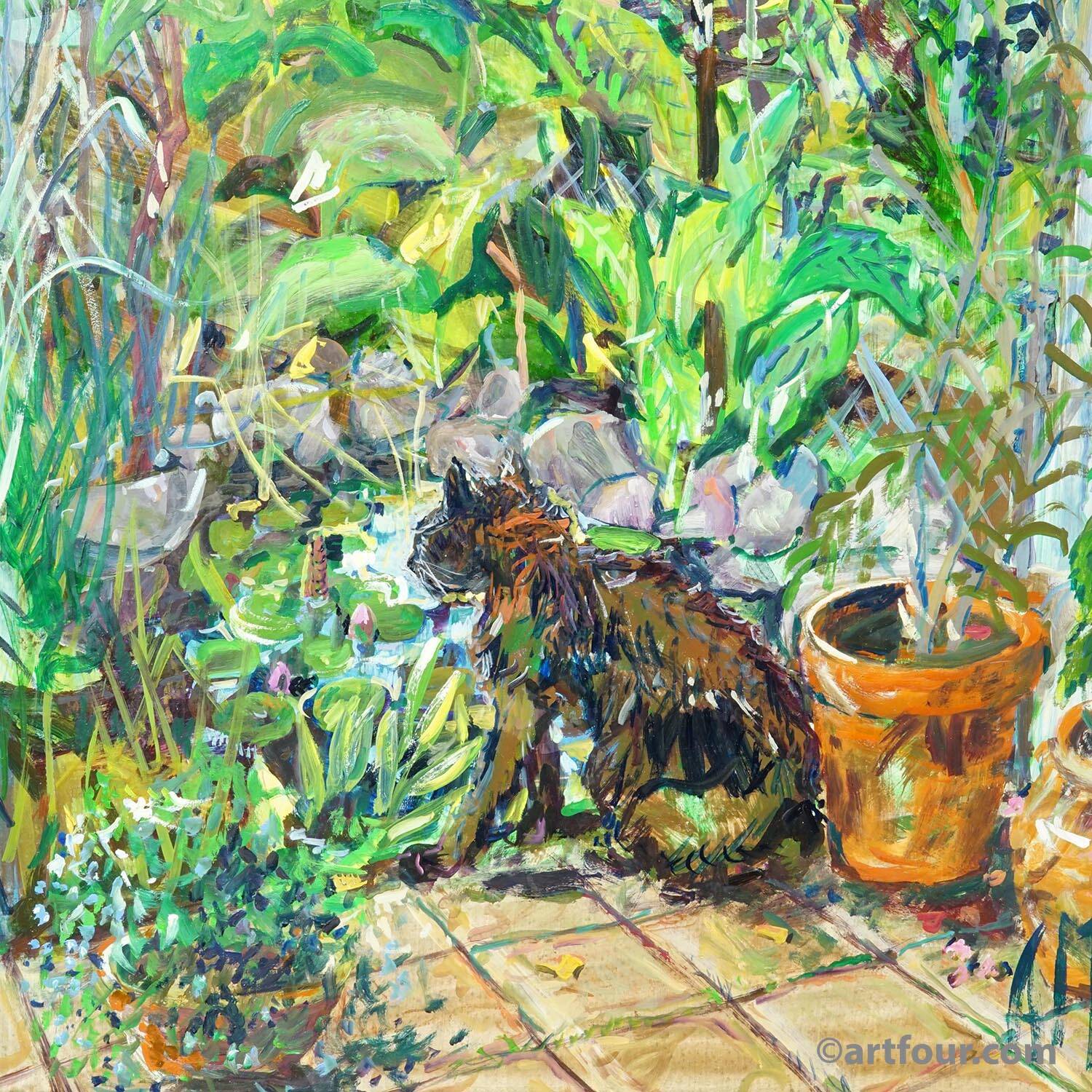 Vintage impressionist oil painting of a garden, Alexander Michael 1994.