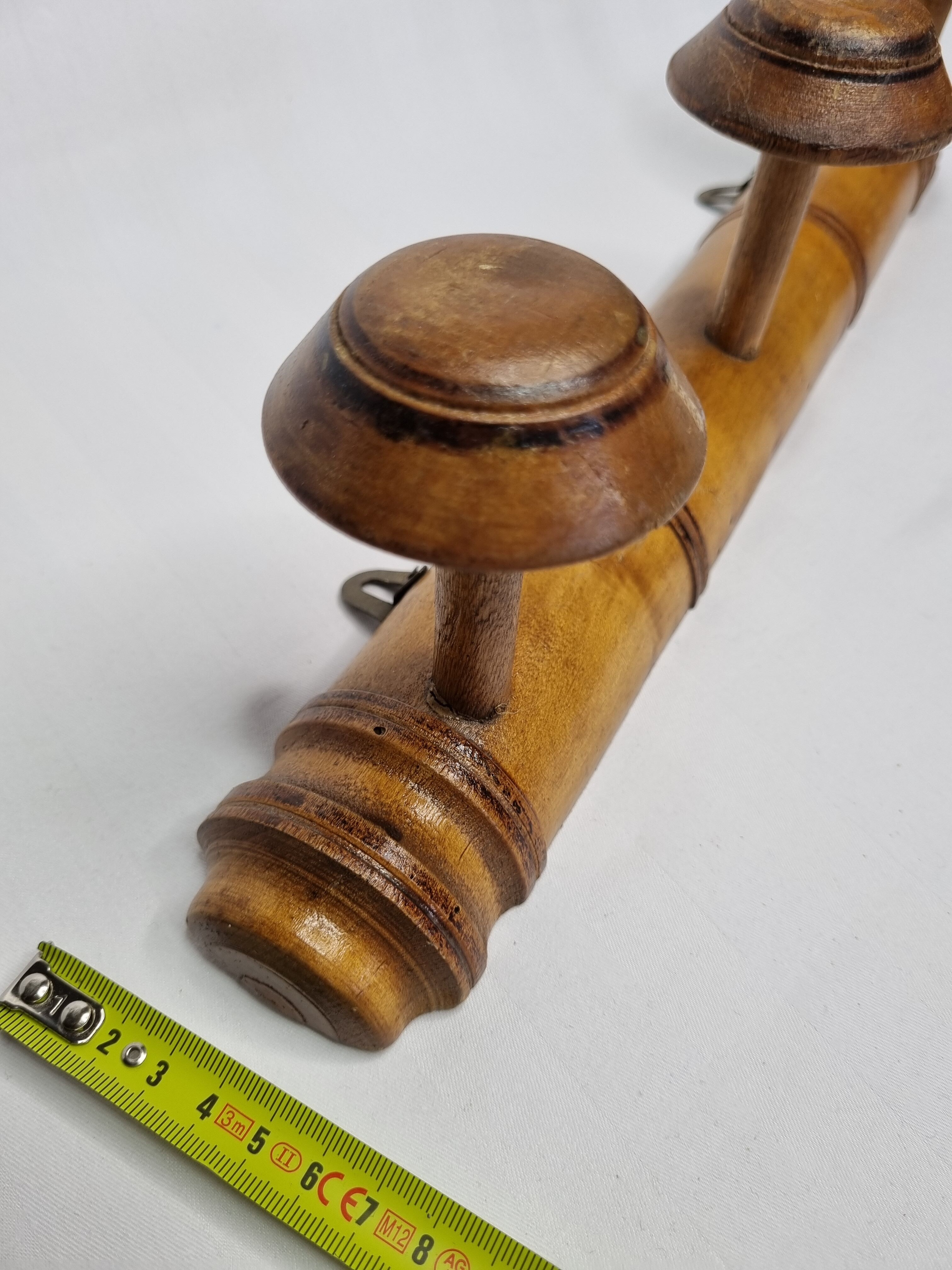 Ancien portemanteau rustique en bois tourné à l'imitation du bambou 1900, 3 patères