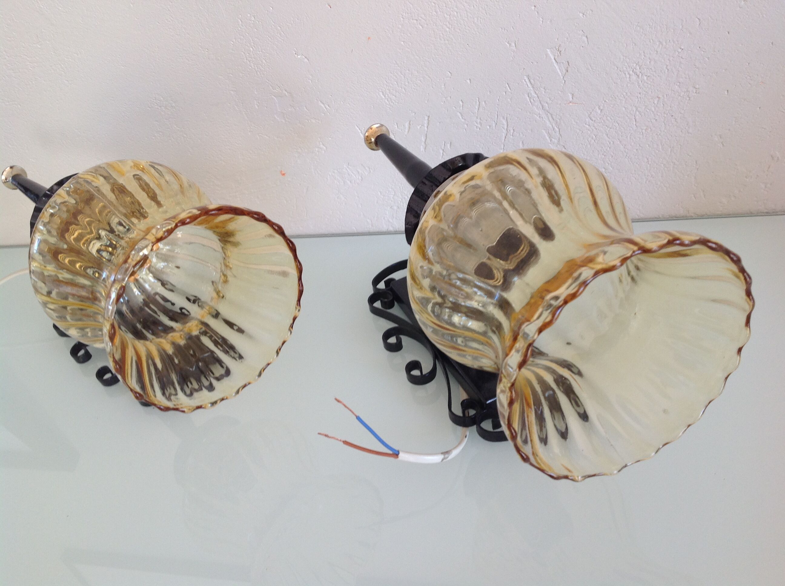 Pair of vintage iron and smoked glass