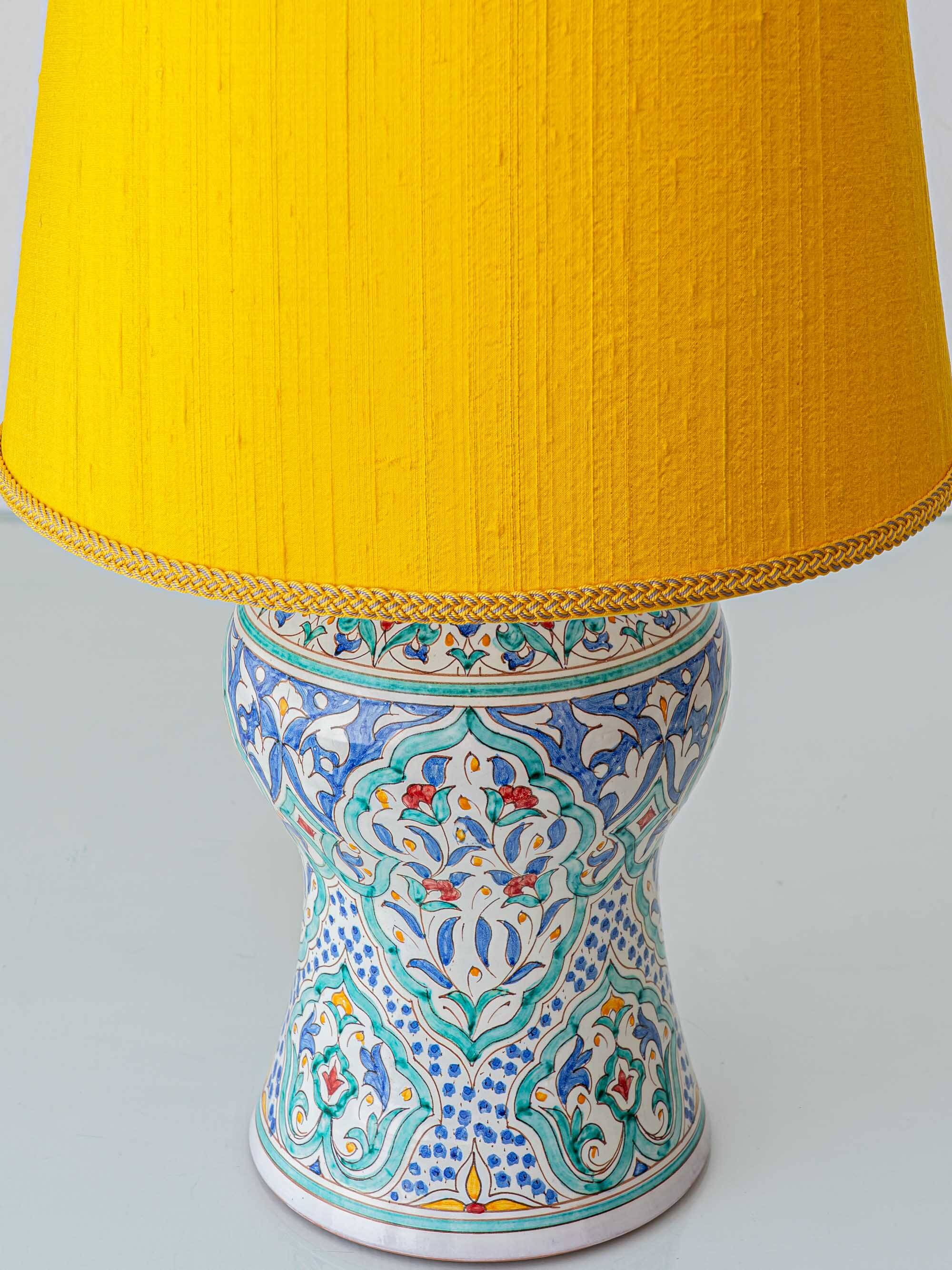 Mediterranean Table Lamp in Hand-Painted Spanish Ceramic, New Yellow Silk Shade