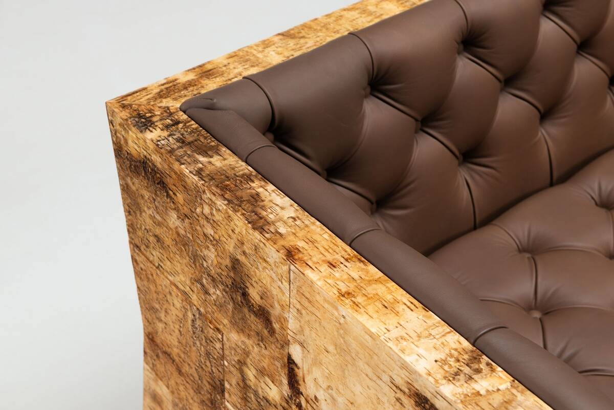 Werner Neumann sculptural birchwood sofa in birch bark and leather, The Netherlands