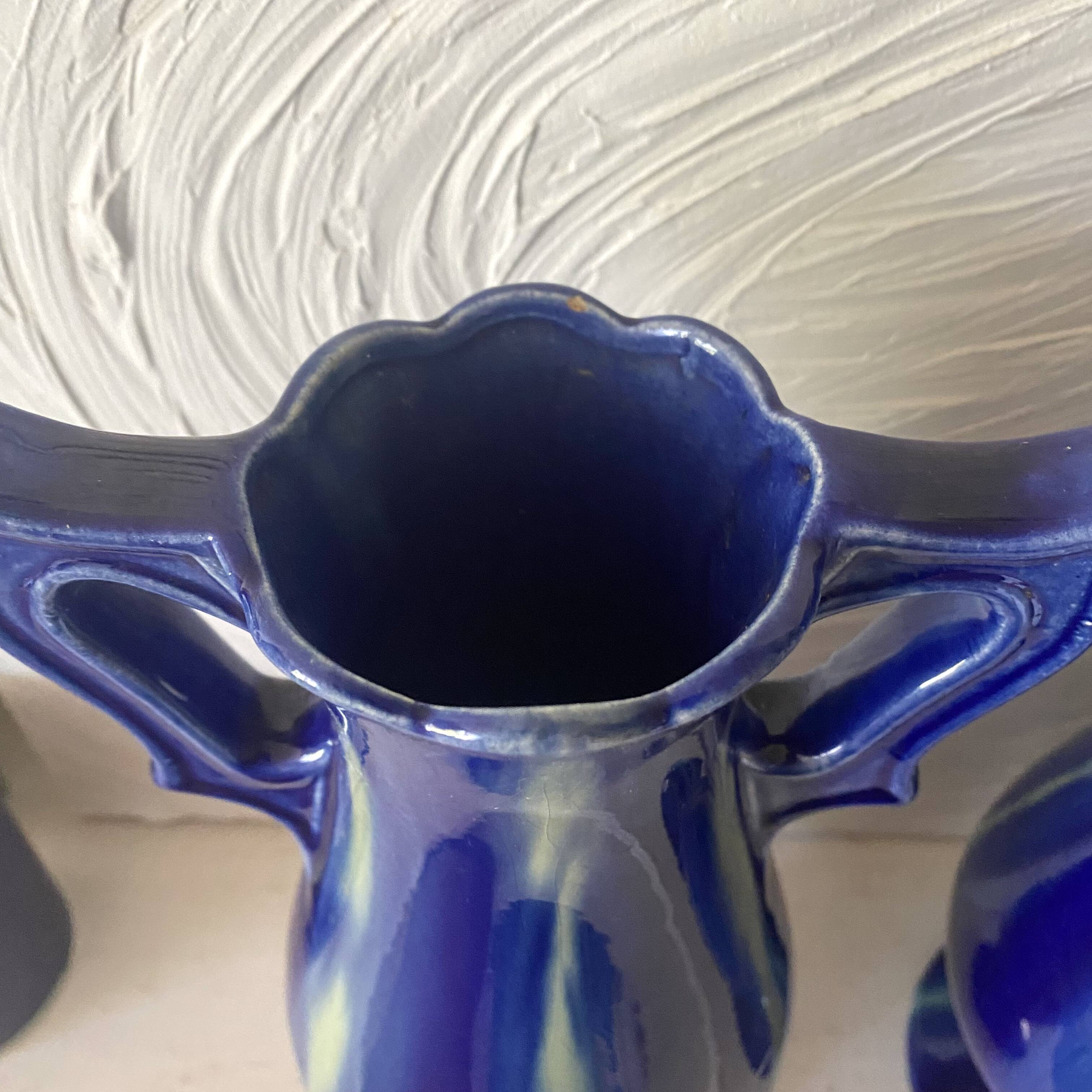 Pair of Art Deco vases in faience from Vierzon, Louis Gueule, cobalt blue.