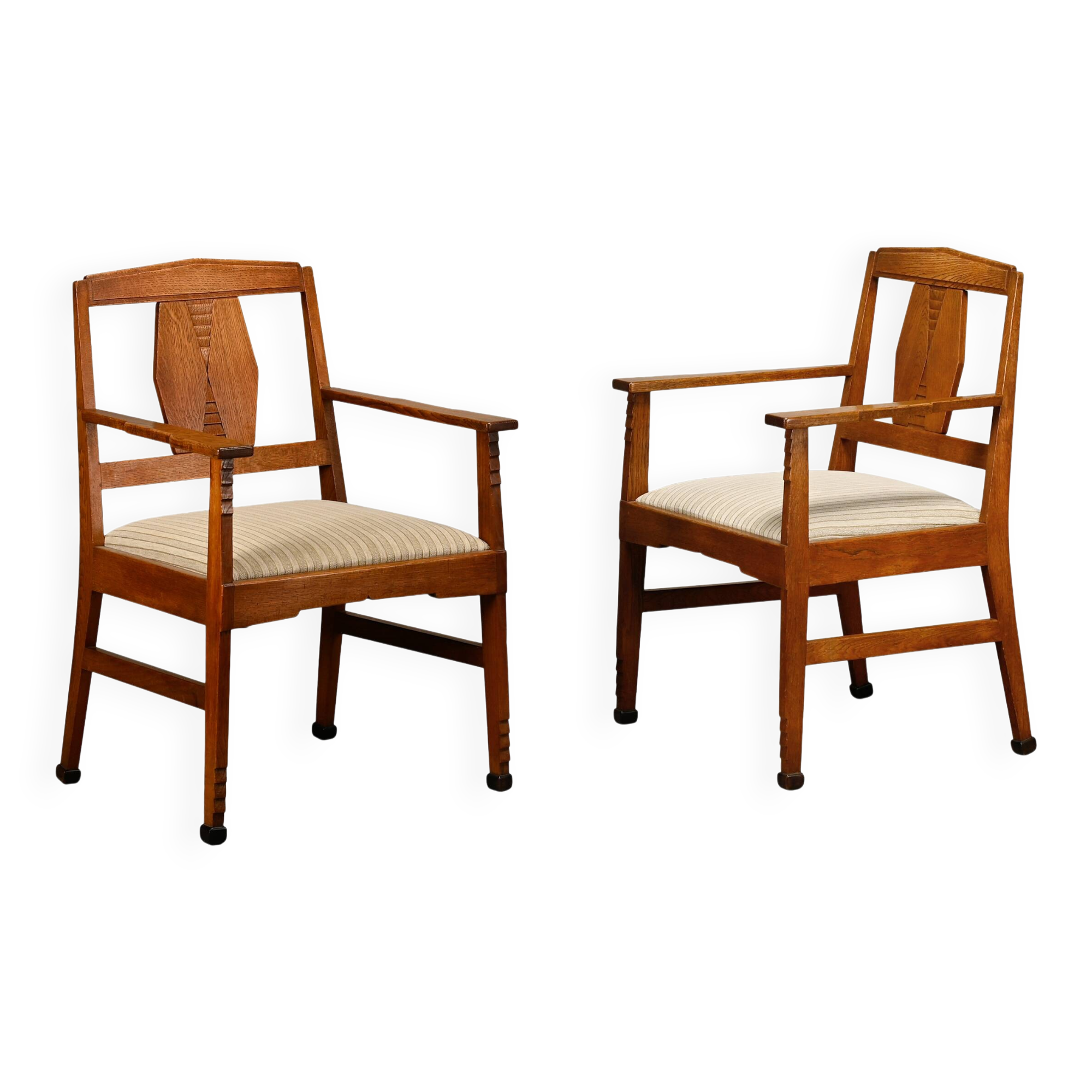 Dutch Art Deco Amsterdam School Armchairs in solid Oak and striped fabric