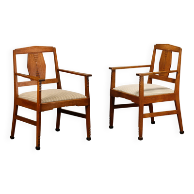 Chaises Art Déco de l'École d'Amsterdam en chêne massif et tissu rayé