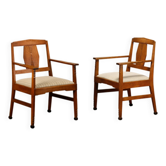 Dutch Art Deco Amsterdam School Armchairs in solid Oak and striped fabric