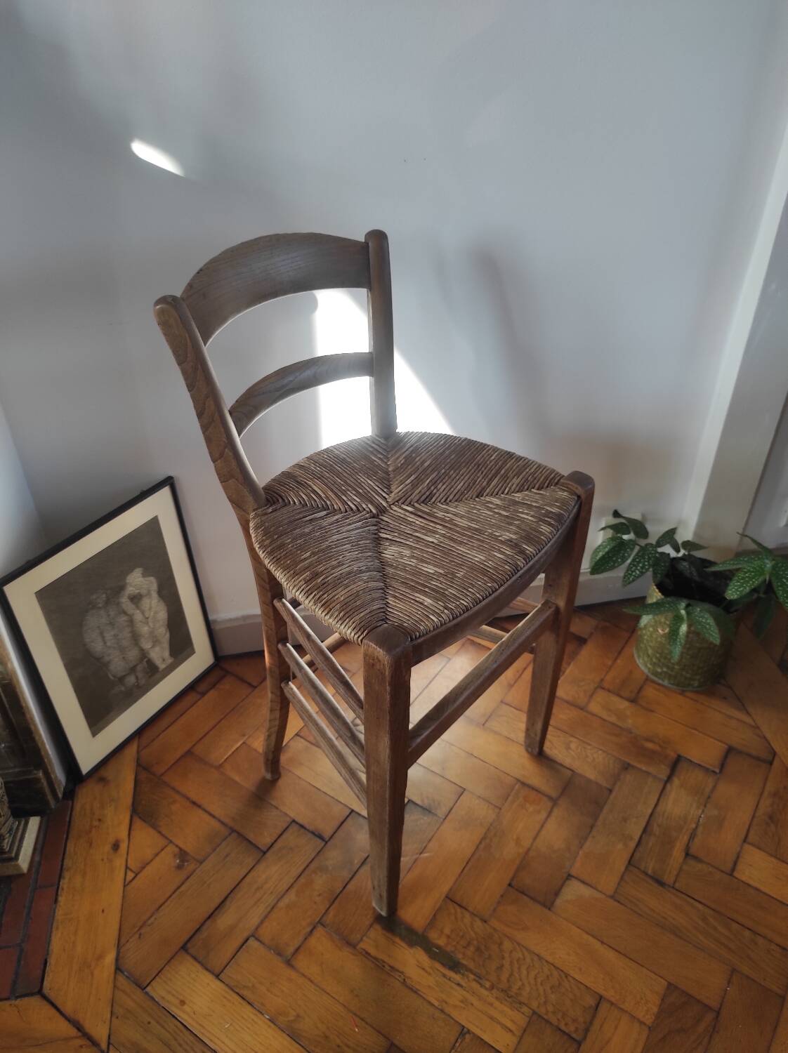 Vintage wooden and straw bar stool — Brutalist Style / Perrian