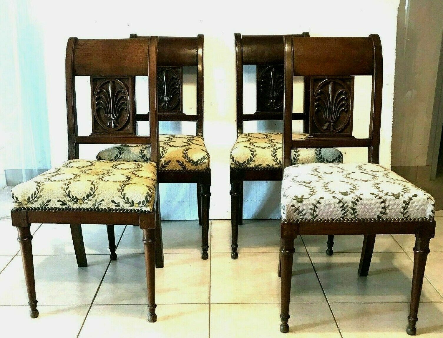Four Directoire style mahogany chairs with 20th century fabric seats