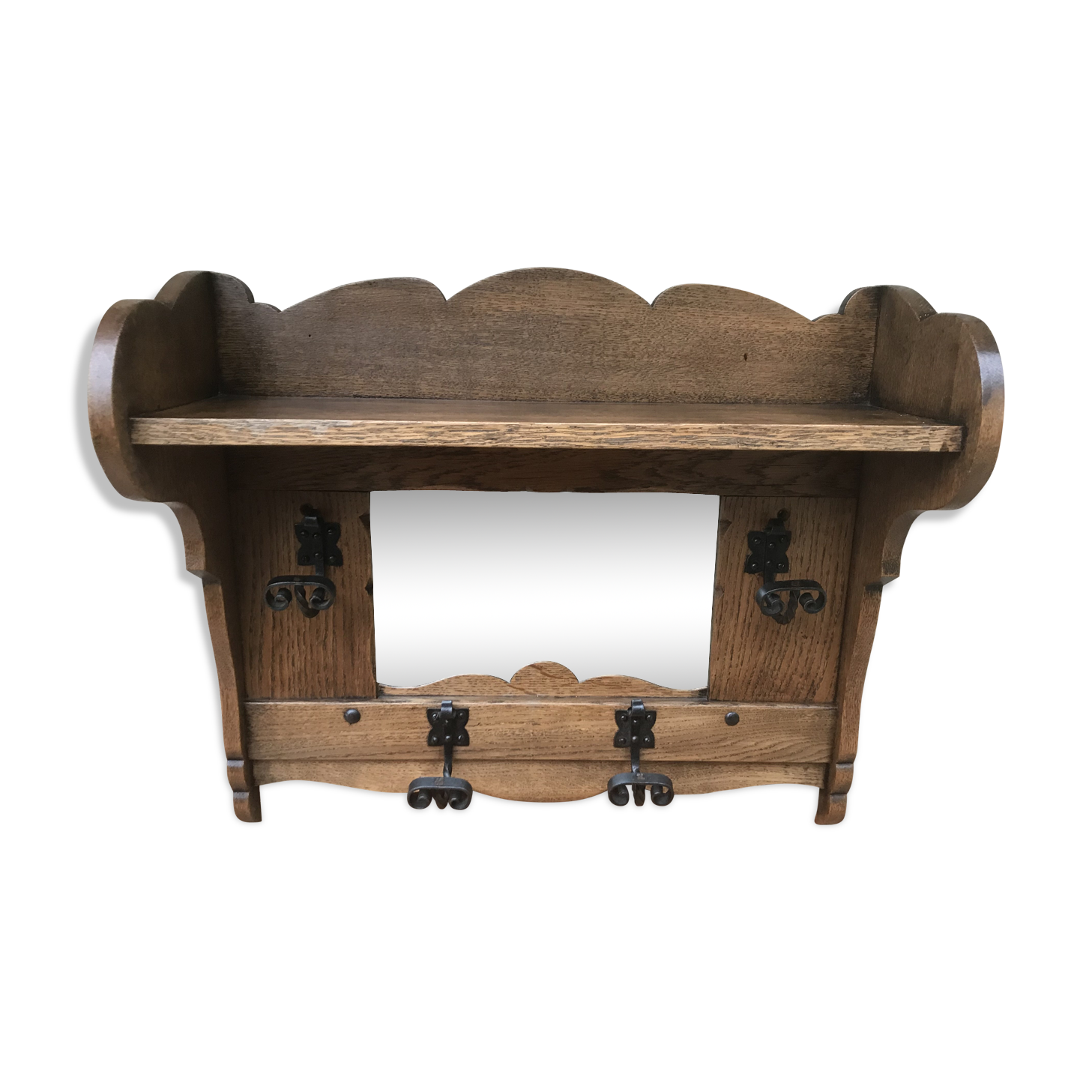 Entrance Wall Coat Door - 4 Forged Iron Patères - Mirror - Vintage Shelf