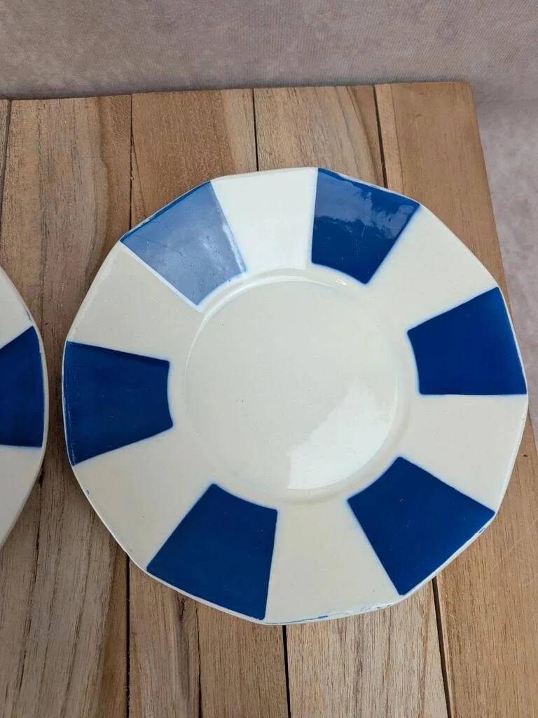 Set of 2 antique ironstone saucers from Badonviller – Cobalt blue Art Deco