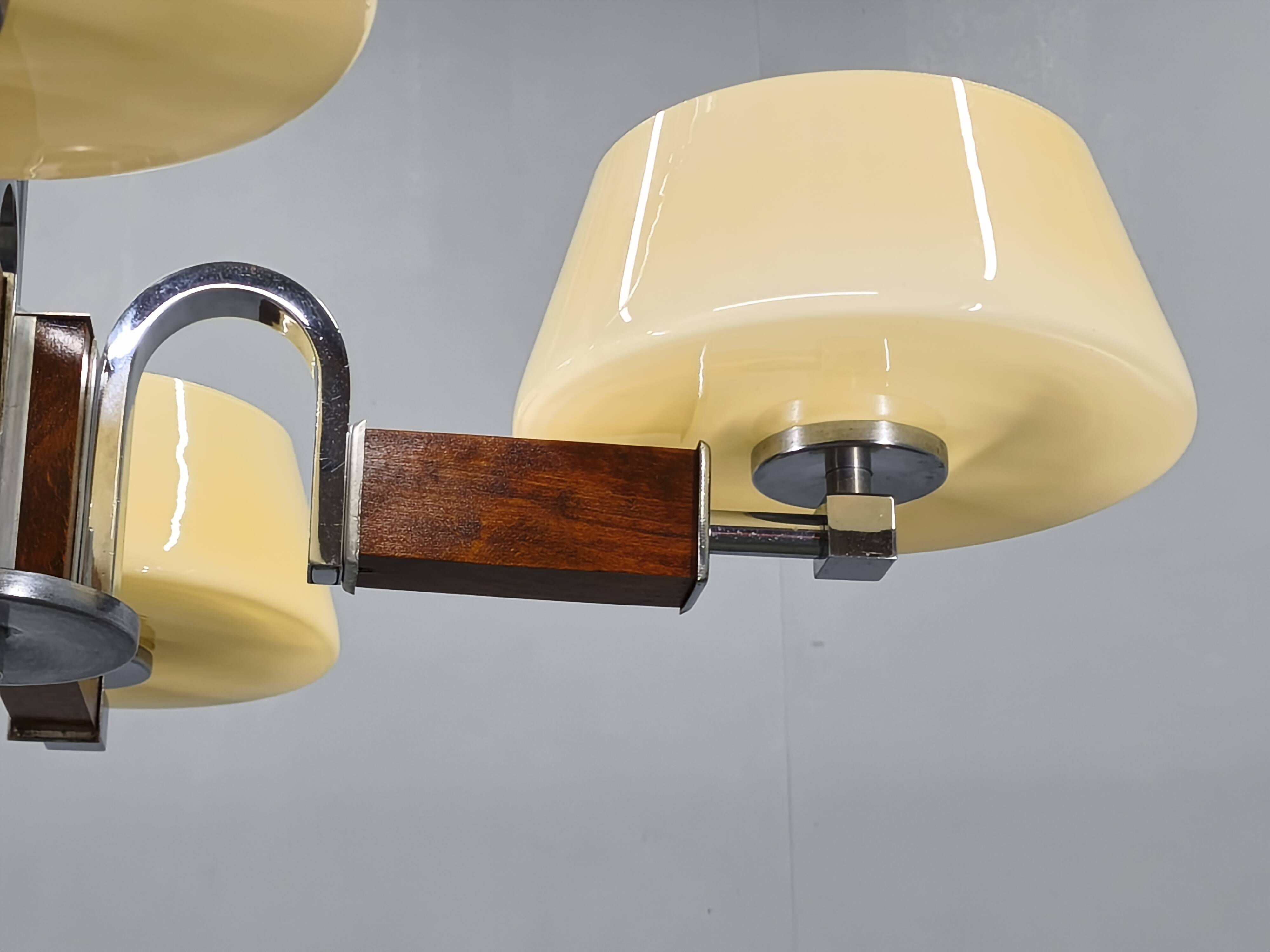 Art Deco Chandelier in Chrome, Wood and Glass, Czechoslovakia