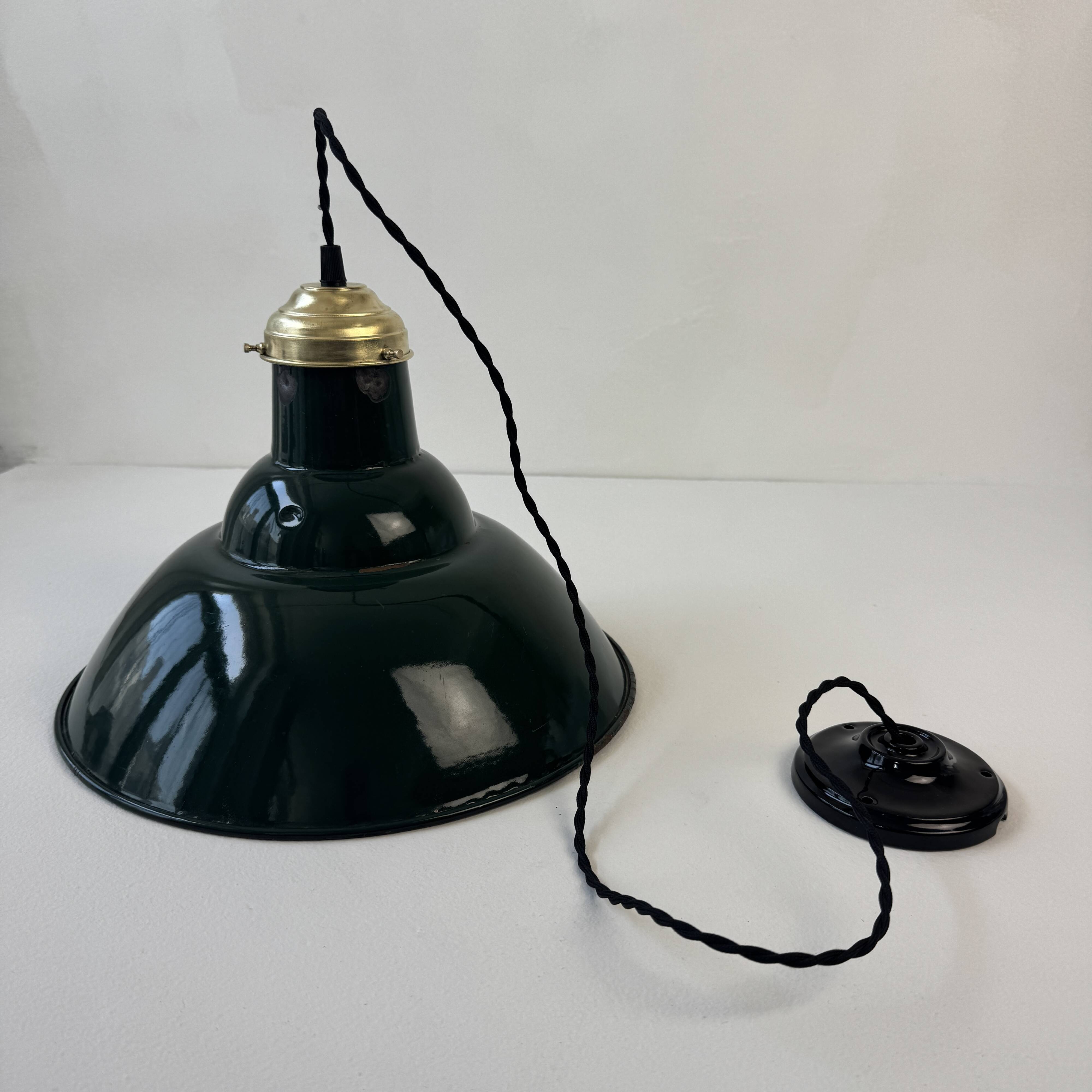 Old industrial pendant light, green enamel, 34 cm