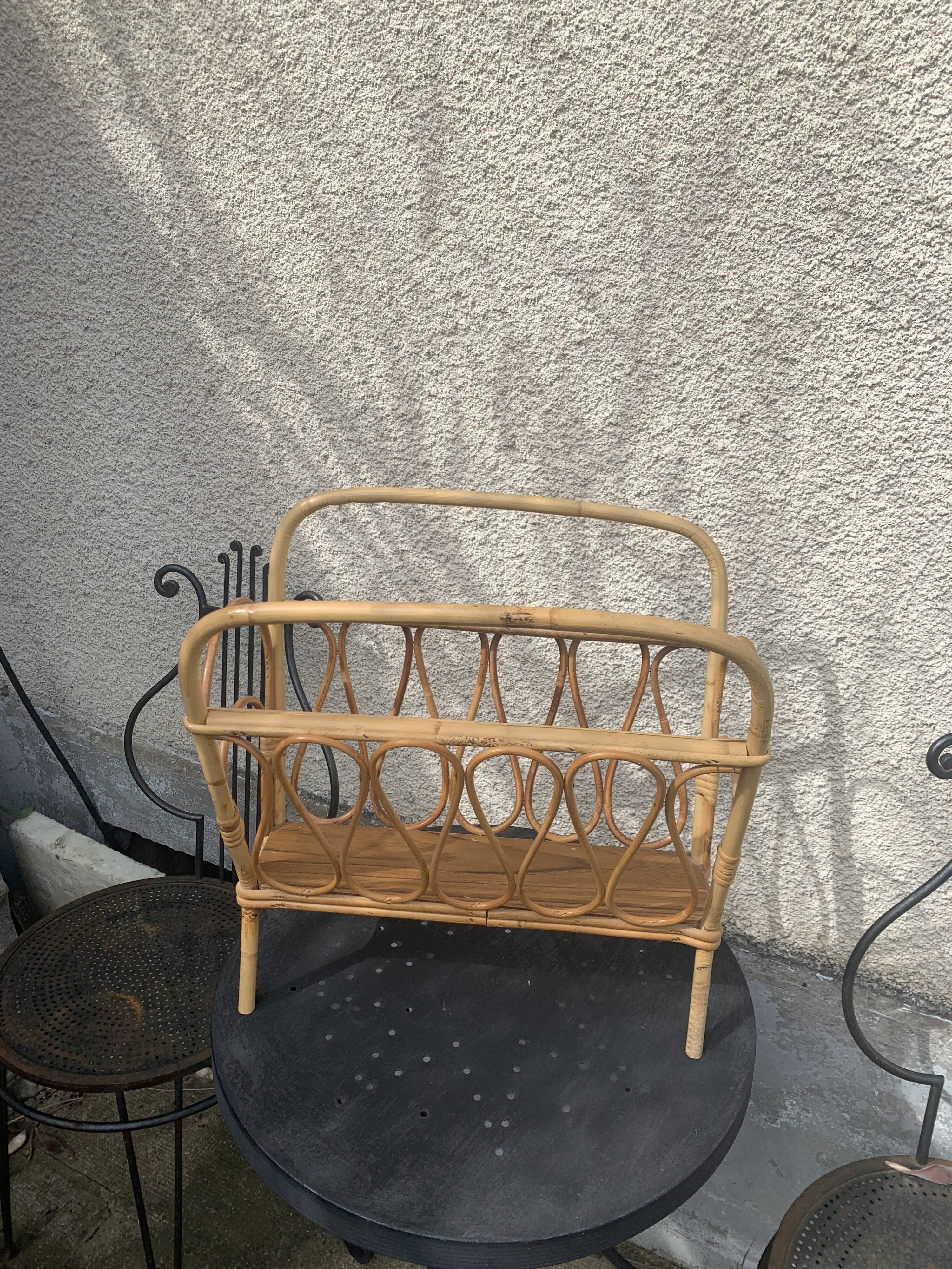 Vintage bamboo and rattan magazine holder 1960
