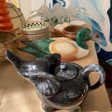 Elephant teapot in black marbled ceramic vintage white