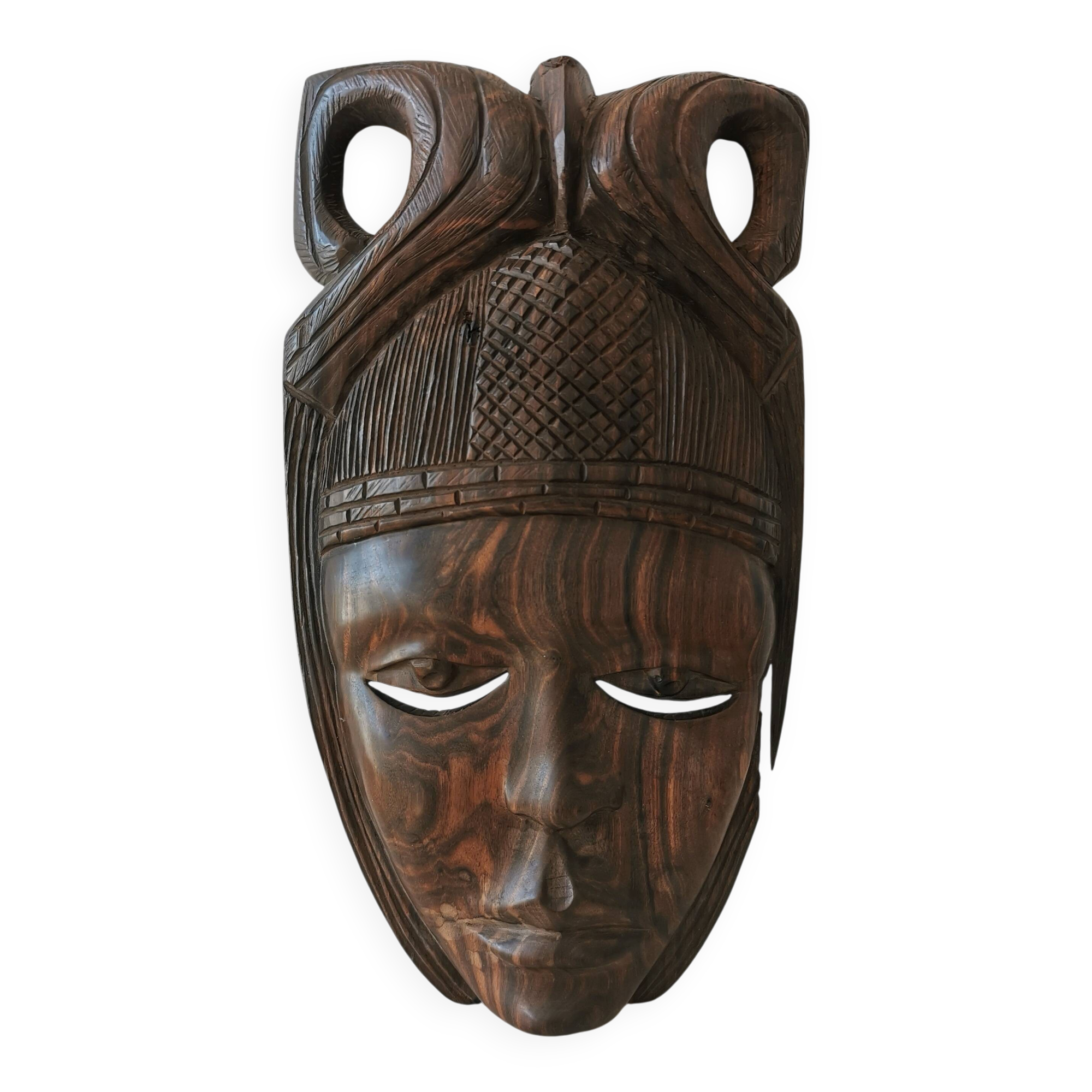 Masque en bois africain sculpté à la main vintage : décoration murale tribale