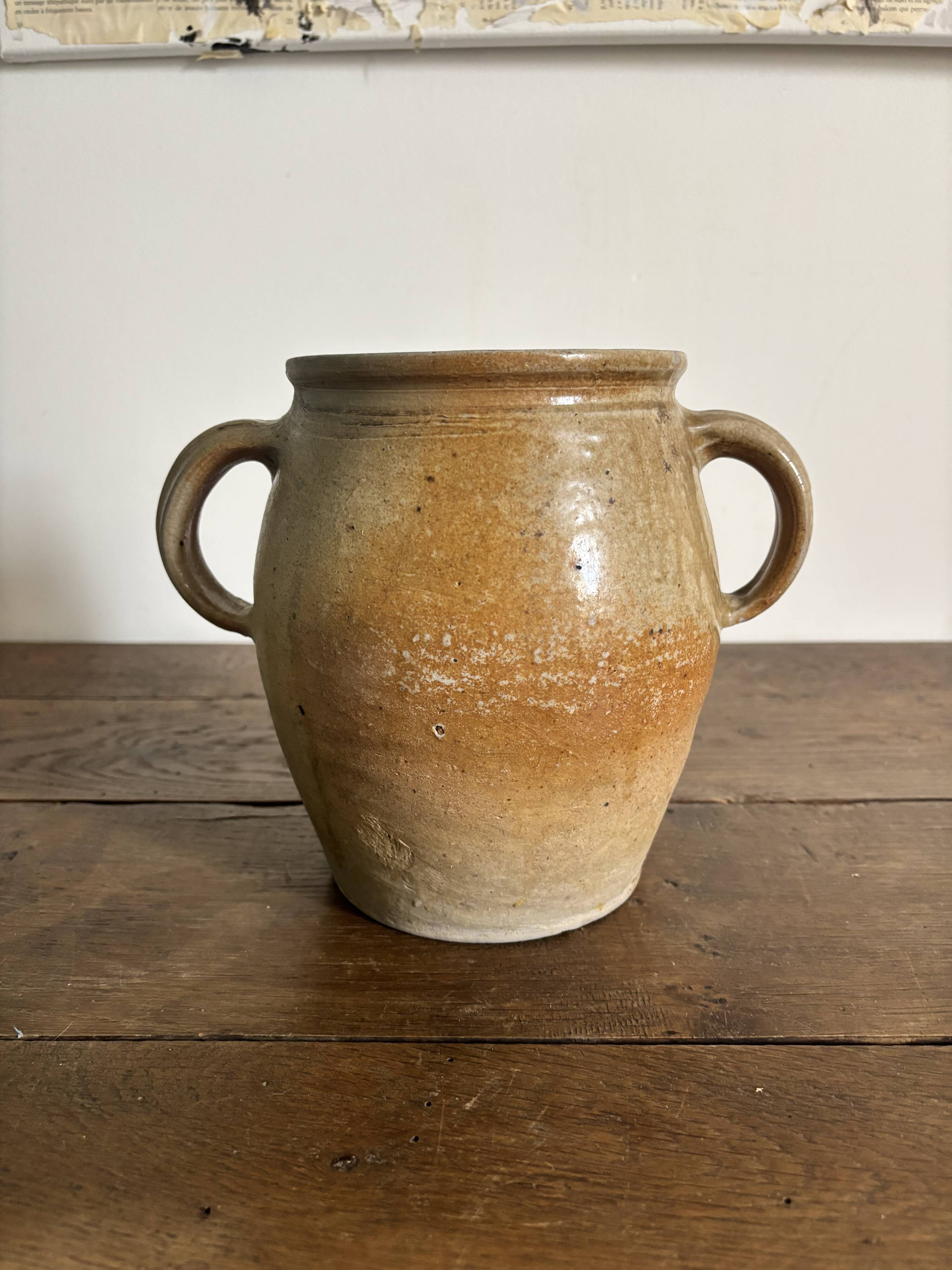 Ancien pot à graisse/vase en grès vernissé vintage – 2 anses
