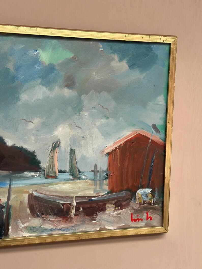 Original Swedish Oil on Canvas – “Coastal Village” by Eric Lo – Signed – Vintage & Framed
