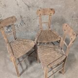 Set of 3 rustic wooden and woven straw chairs