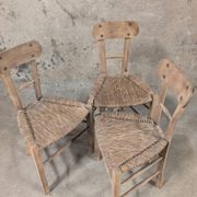 Set of 3 rustic wooden and woven straw chairs