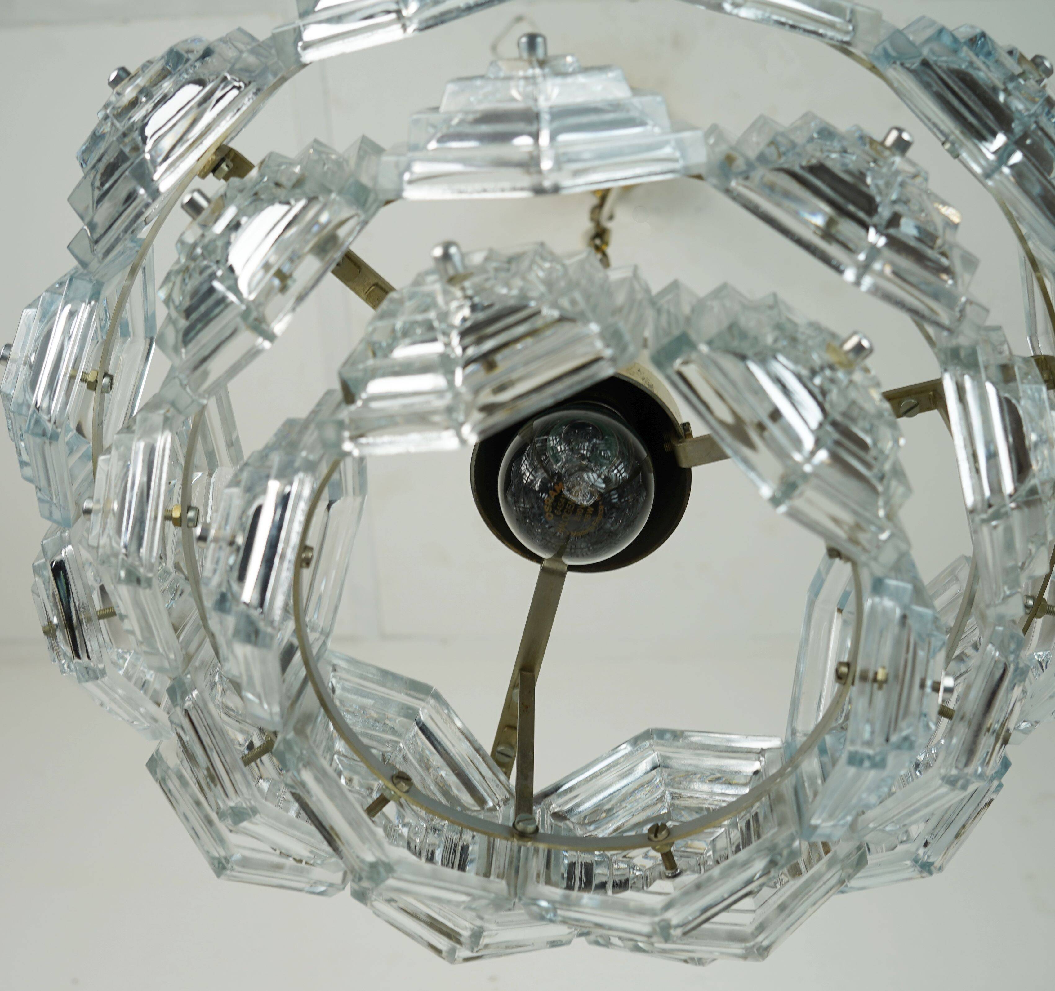 3-tier mid century pendant light with 27 hexagonal glass panels 1960s 70s