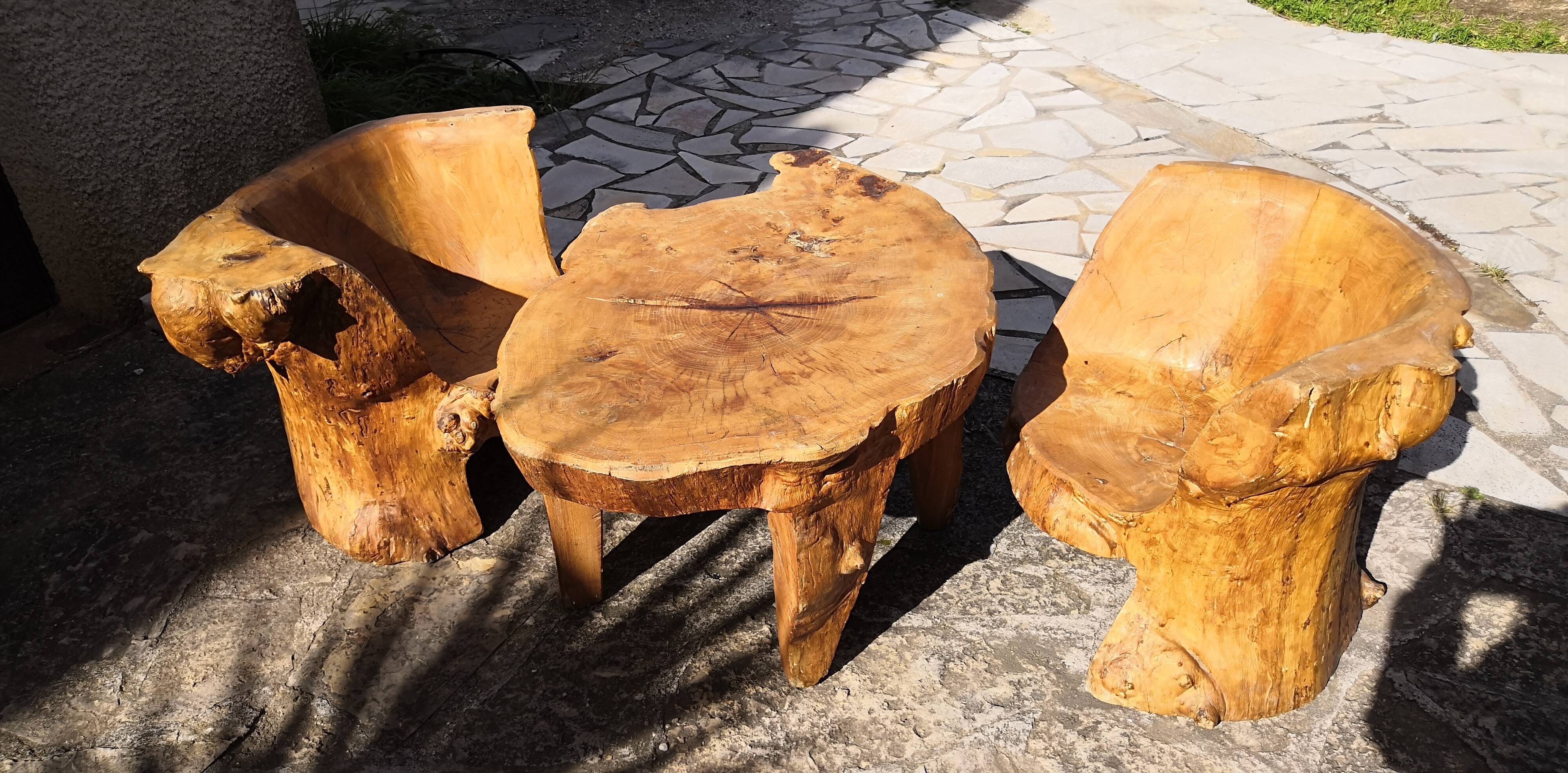 Living room 2 armchairs & coffee table in elm brutalist design 1950