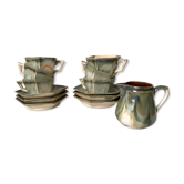 set of 6 cups, octagonal subcups and milk pot in ceramic sandstone of the Morvan years 60-70