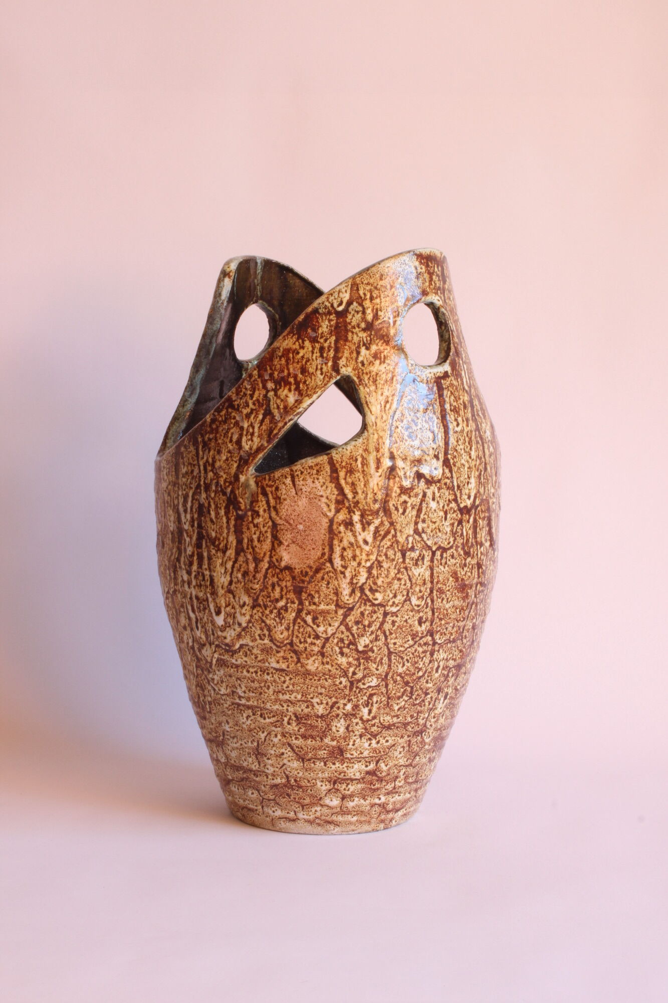 Freeform open worked vase by "Les potiers d'Accolay", France 1970s.