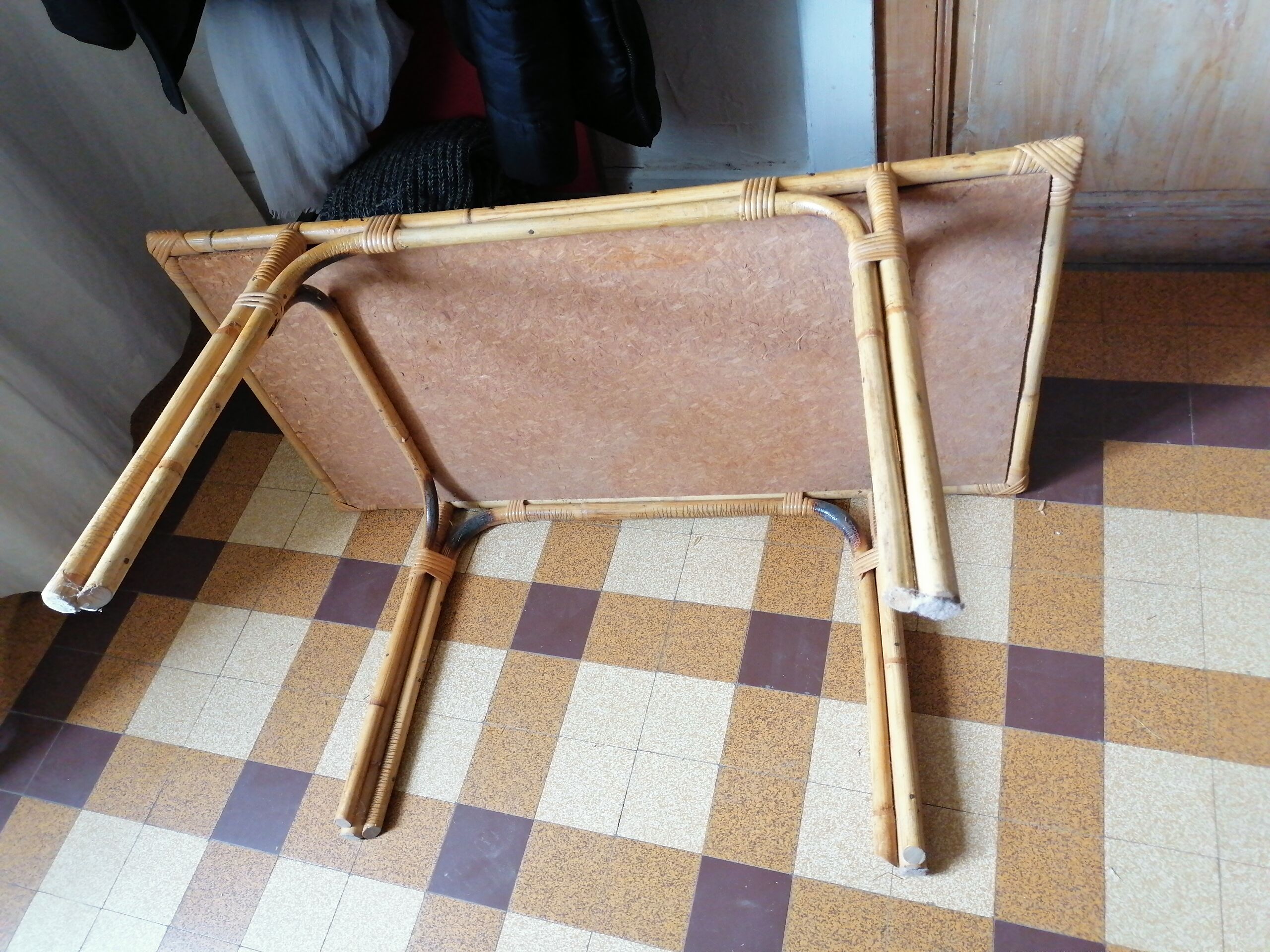 Coffee table bamboo rattan ceramic decollee 1960 70