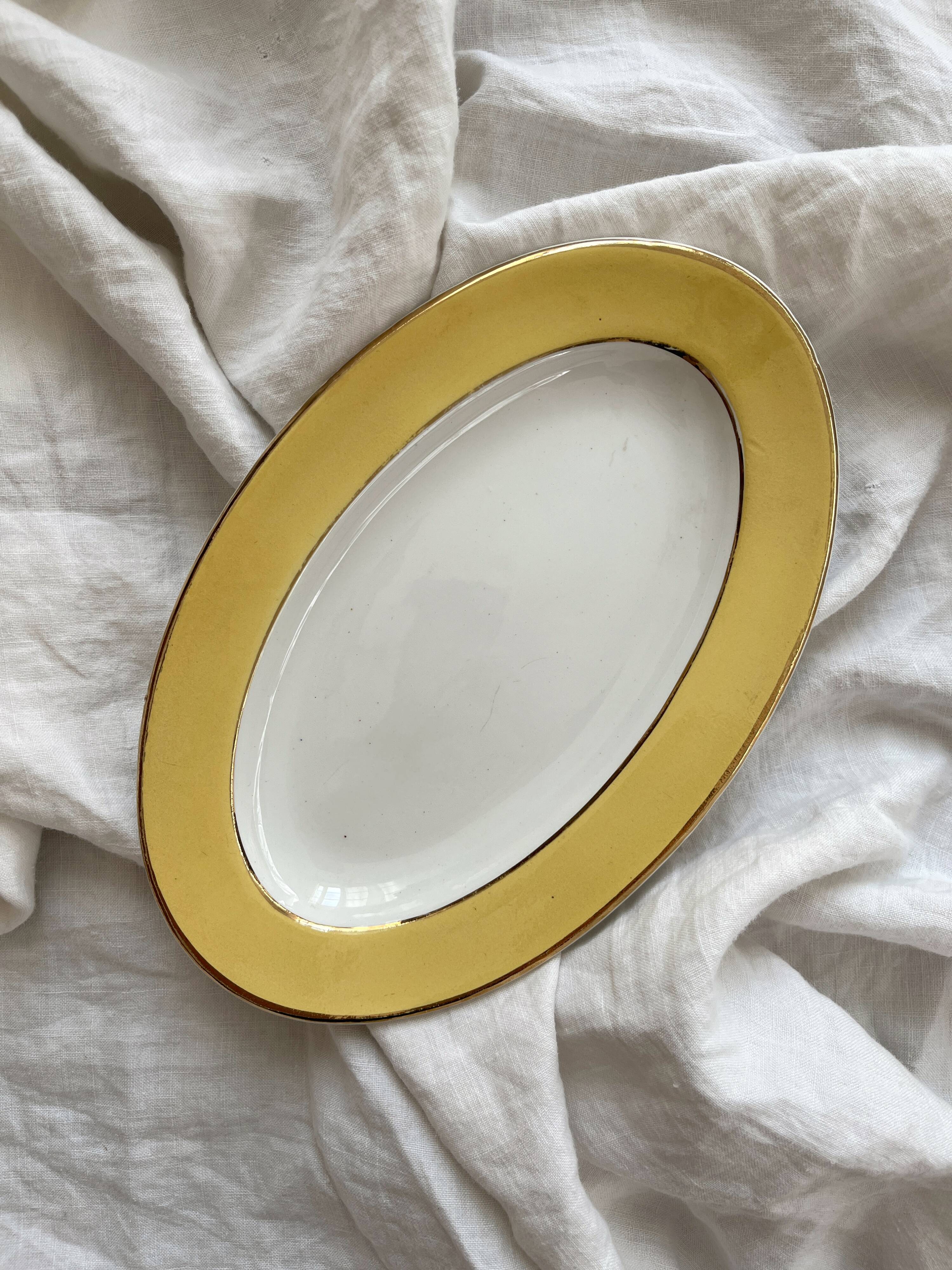 3 vintage yellow earthenware dishes with gold trim L'amandinoise