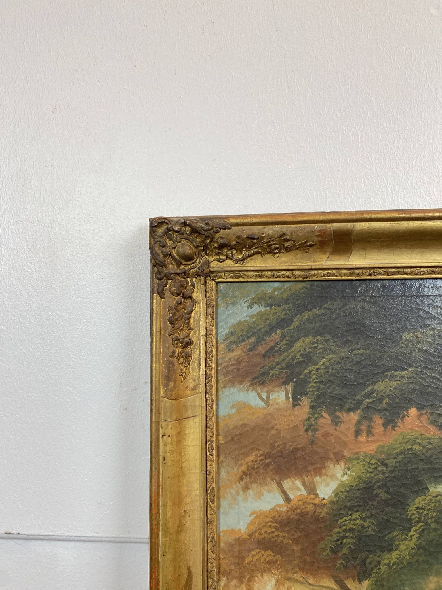 19th century gilded wooden trumeau with romantic scene - 69cm x 140cm
