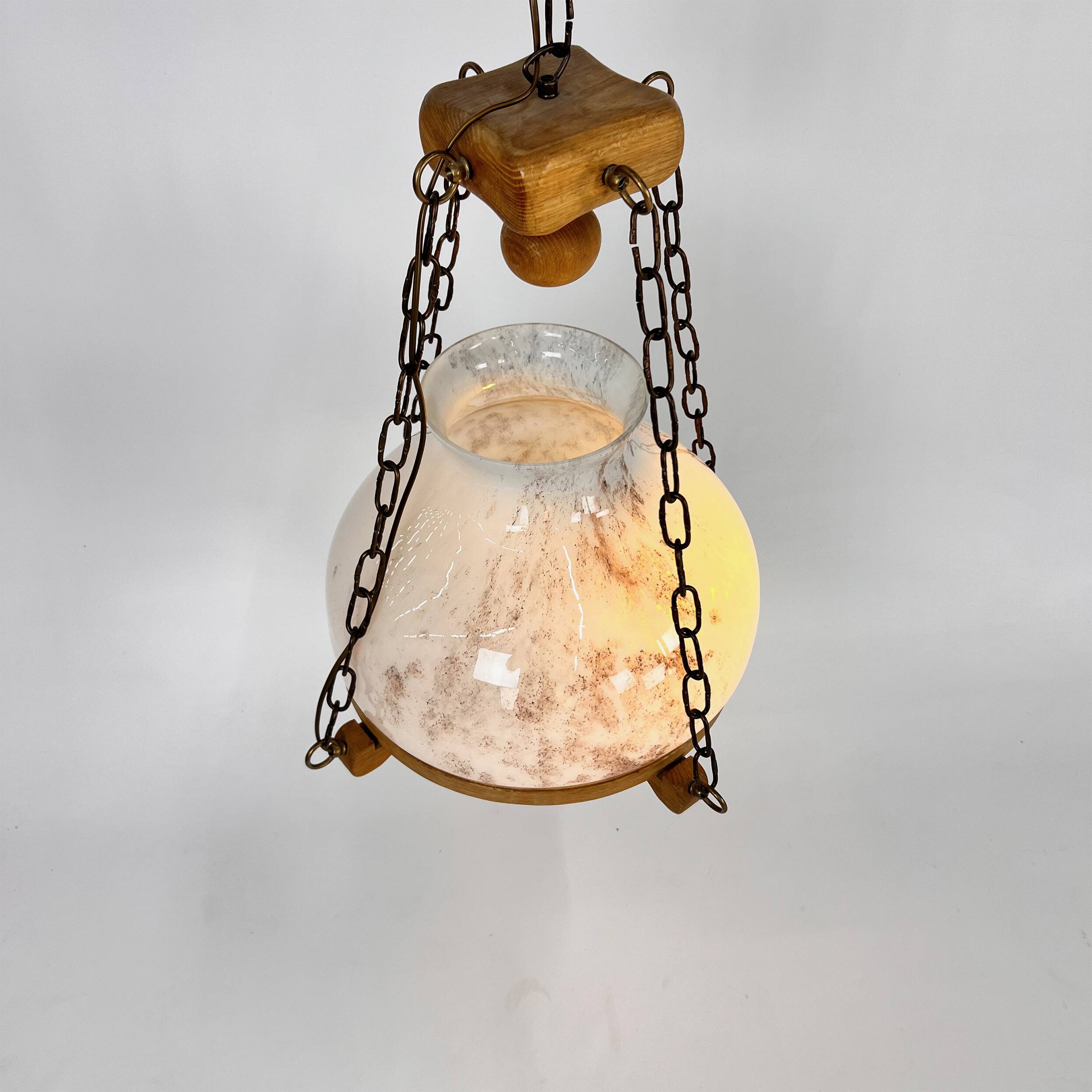 Large brutalist oak and marbled glass pendant, 1960s
