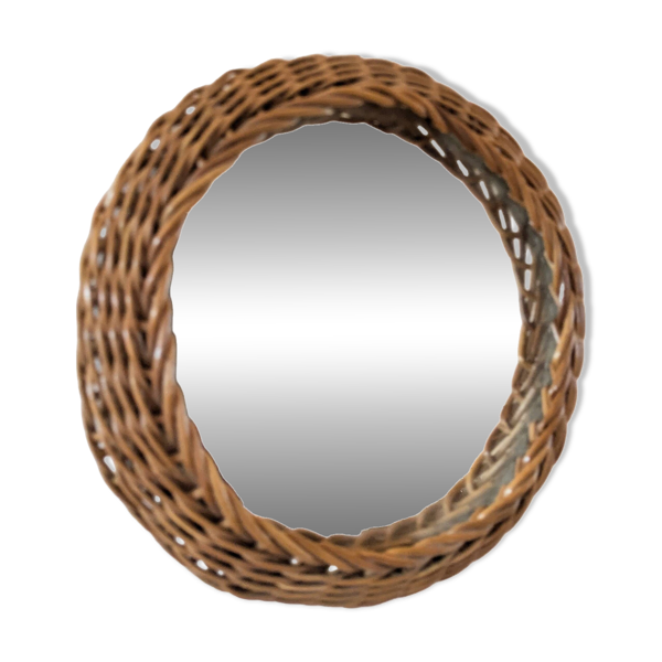 Miroir rond en rotin tressé design années 60