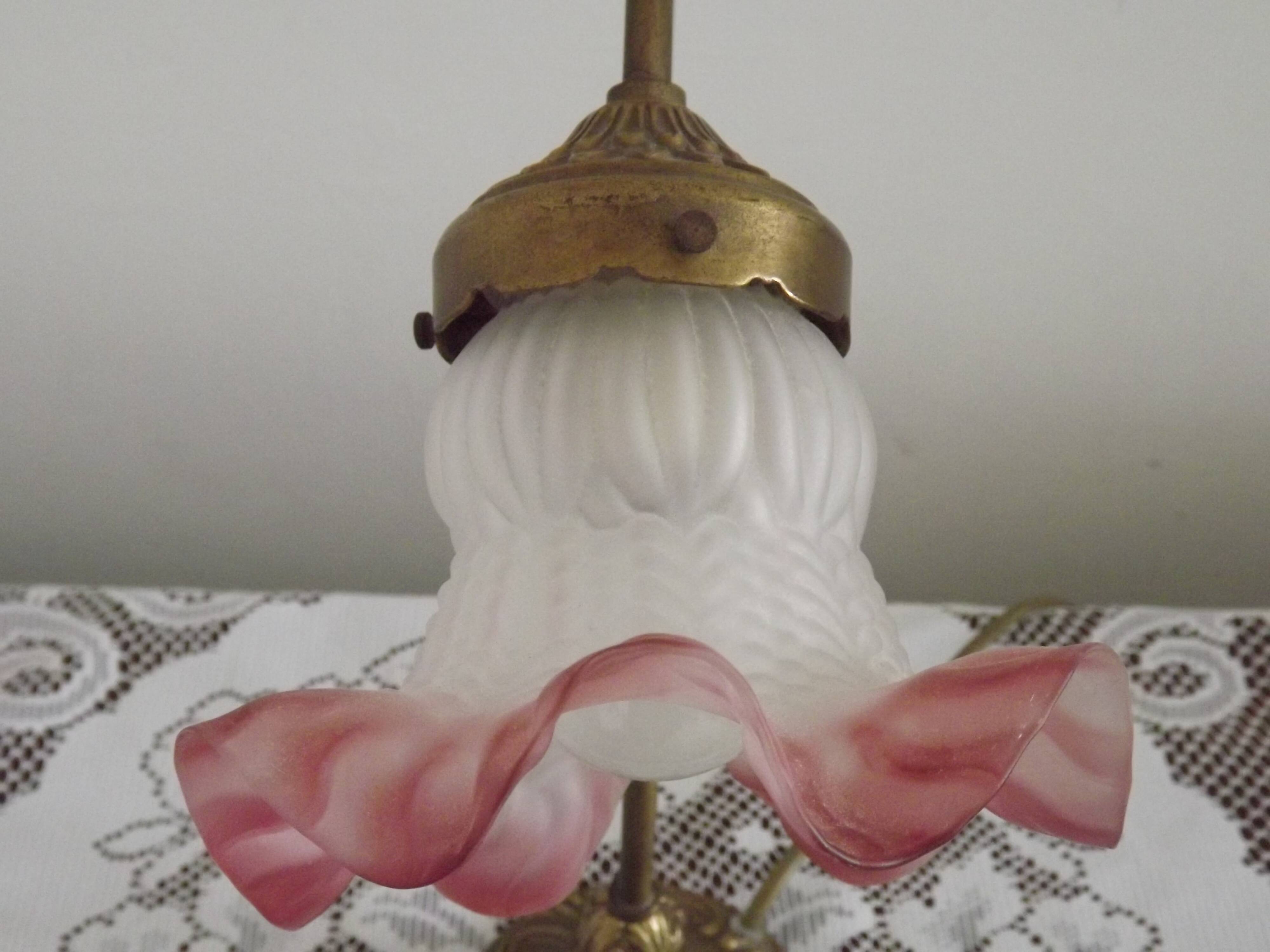 French Art Nouveau Brass Goose Neck Table Lamp White & Pink Glass Shade
