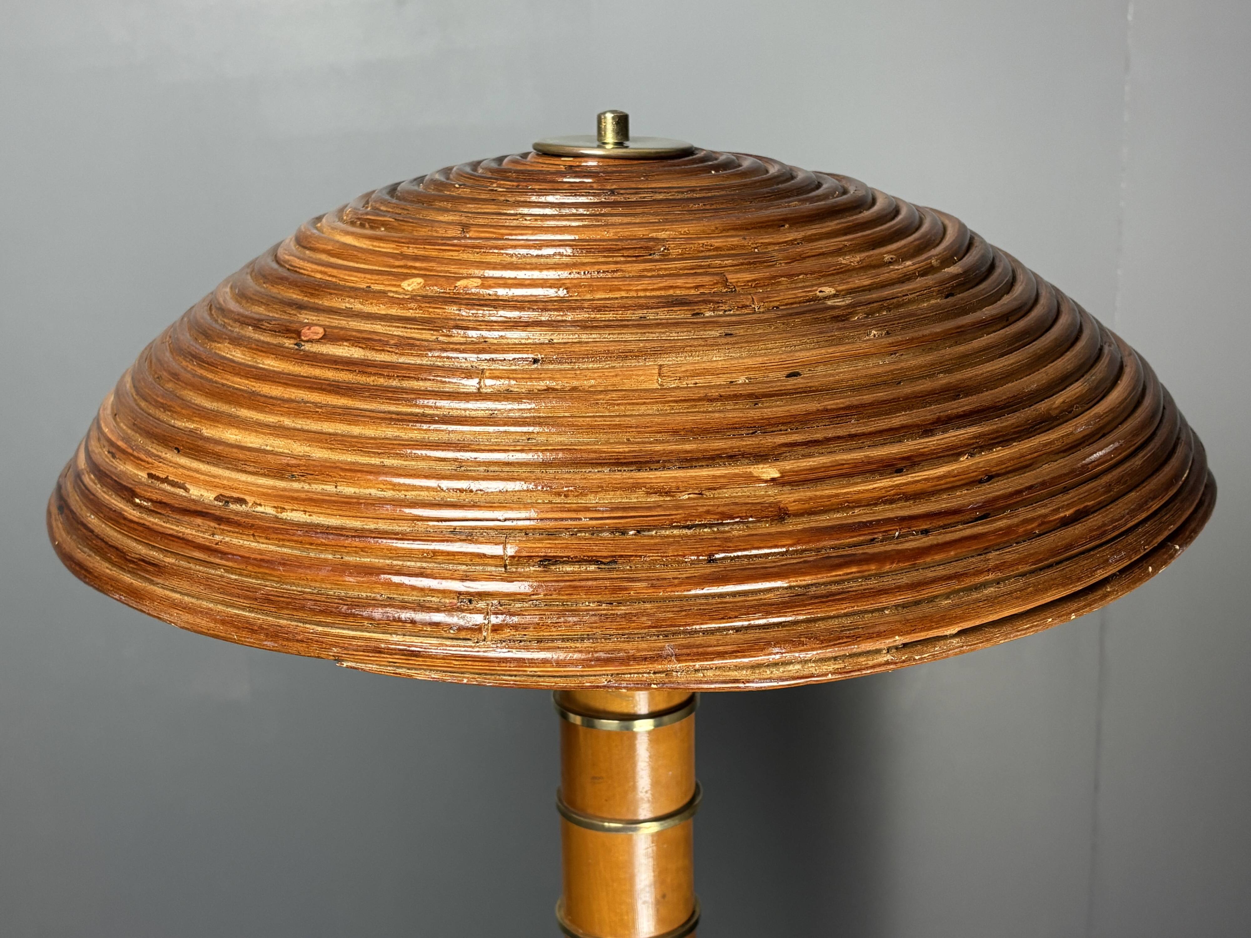 Midcentury pencil reed rattan bamboo and brass table lamp, 1960s