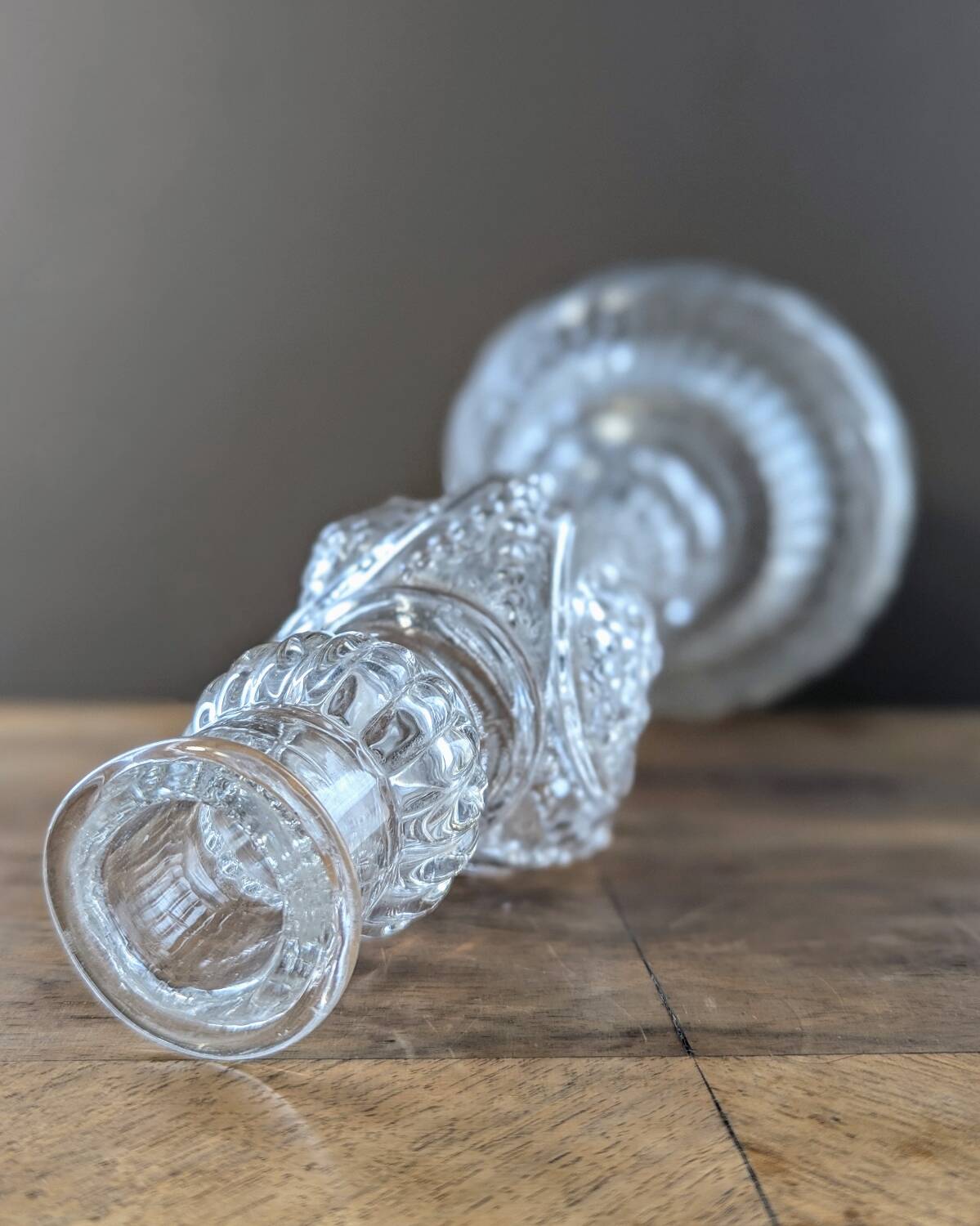 Legras candlestick in molded glass with faces in relief, vintage carafe