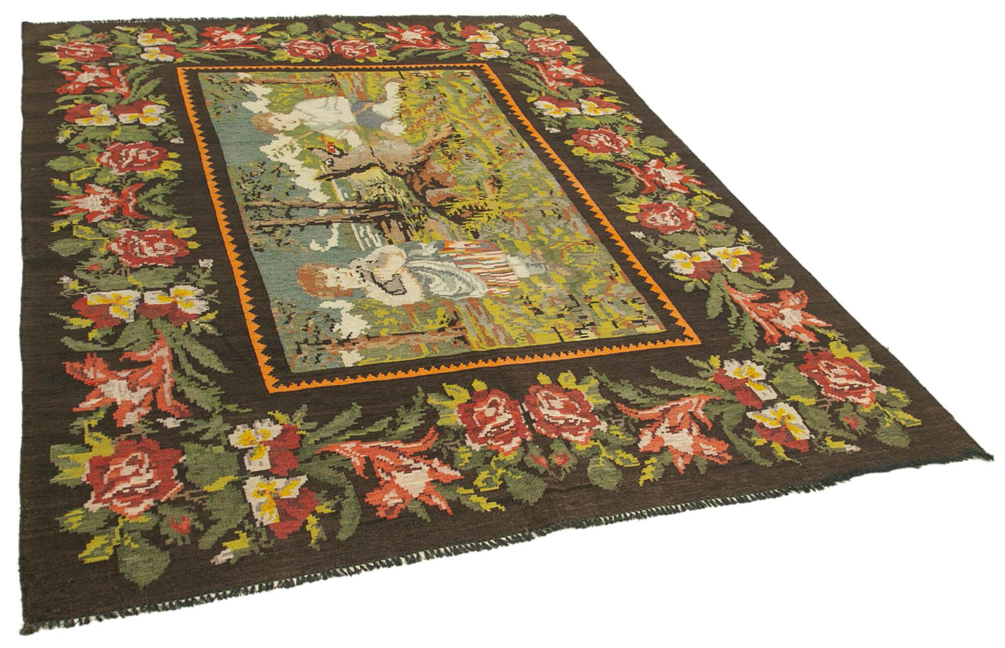 Hand-knotted vintage rose black kilim 192 cm x 240 cm - 23428