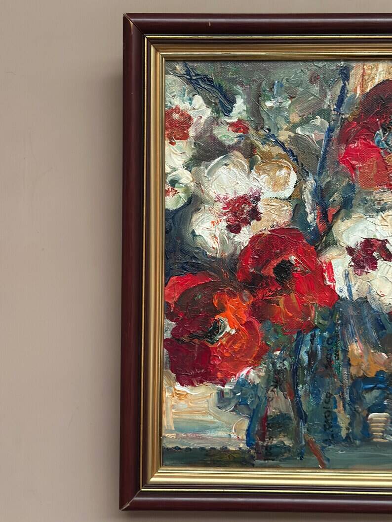 Swedish Oil on Canvas“Red Poppies and White Blossoms” by L. Stokes, Vintage