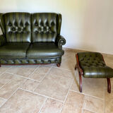 Classic English-style leather sofa with footrest