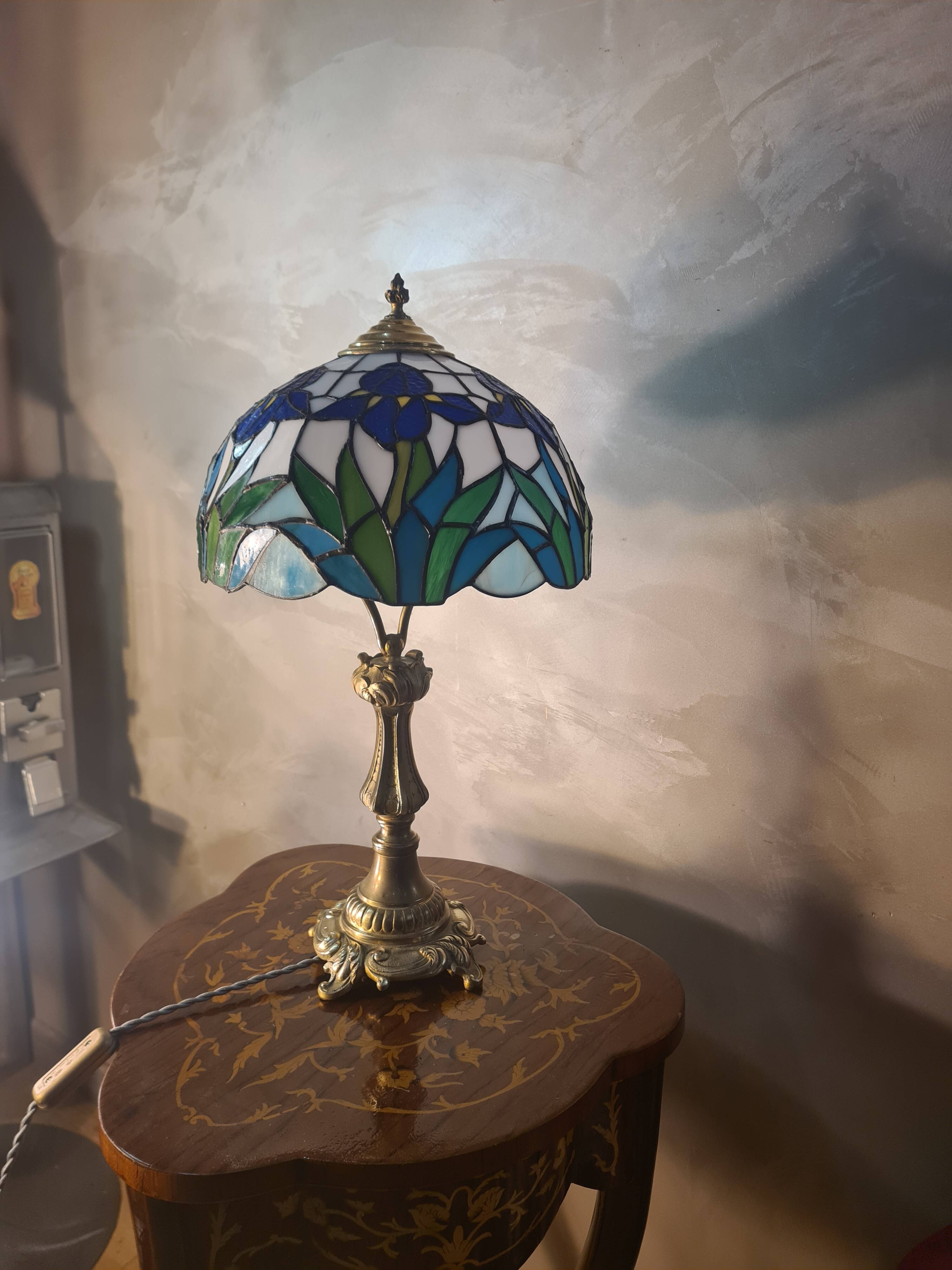 antique bronze floor lamp from the 19th century in superb condition with a beautiful iris glass shade