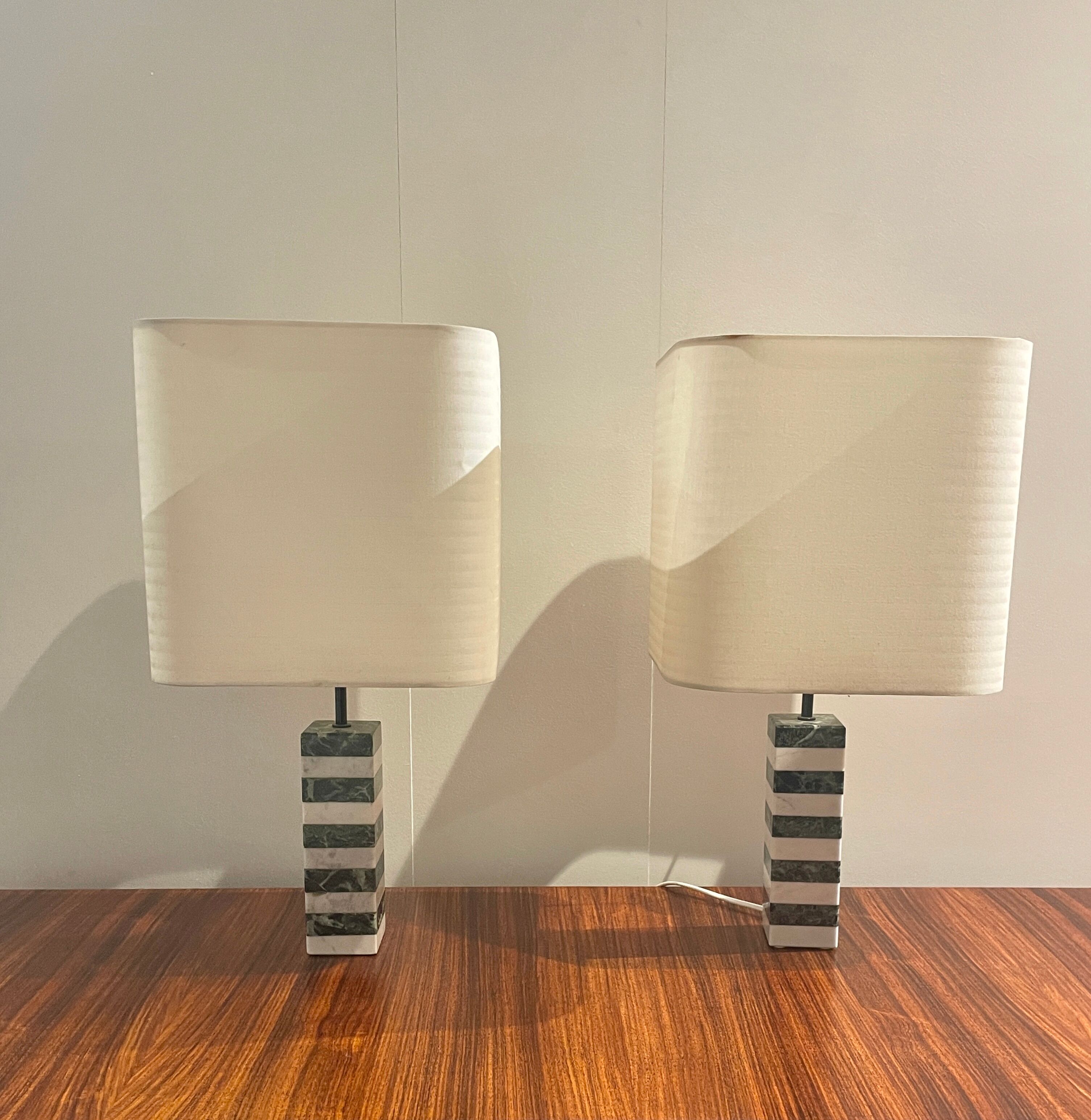 Pair of white and green marble lamps, 1970's