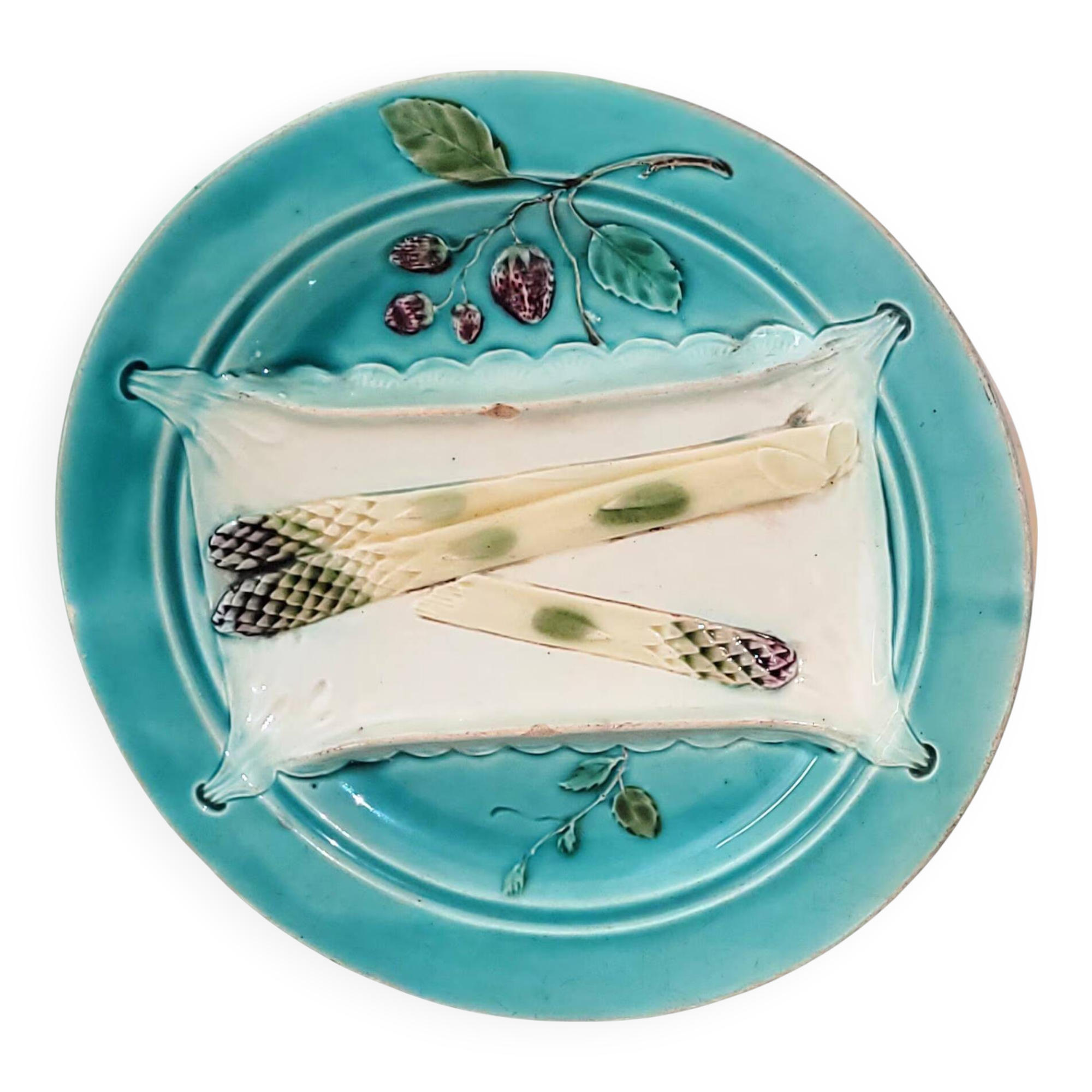 Majolica asparagus plate – 19th century slip – antique turquoise blue