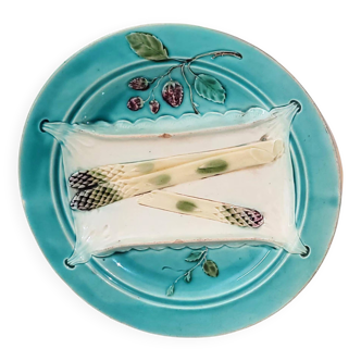 Assiette à asperges majolique – barbotine XIXe – bleu turquoise ancien